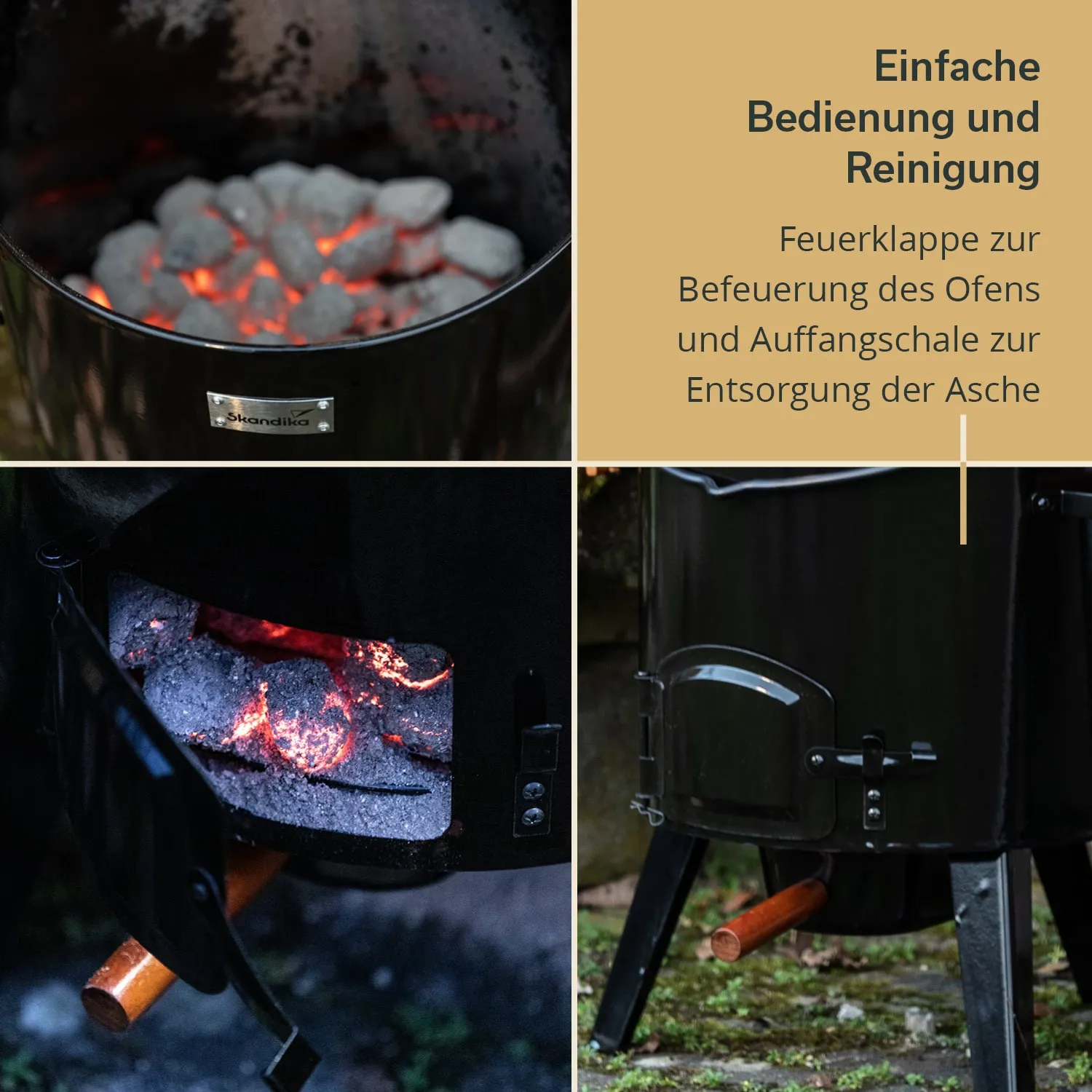 Schwarzer Grill mit leuchtenden Kohlen im Inneren. Seitliche Feuerklappe und Auffangschale für Asche sichtbar.