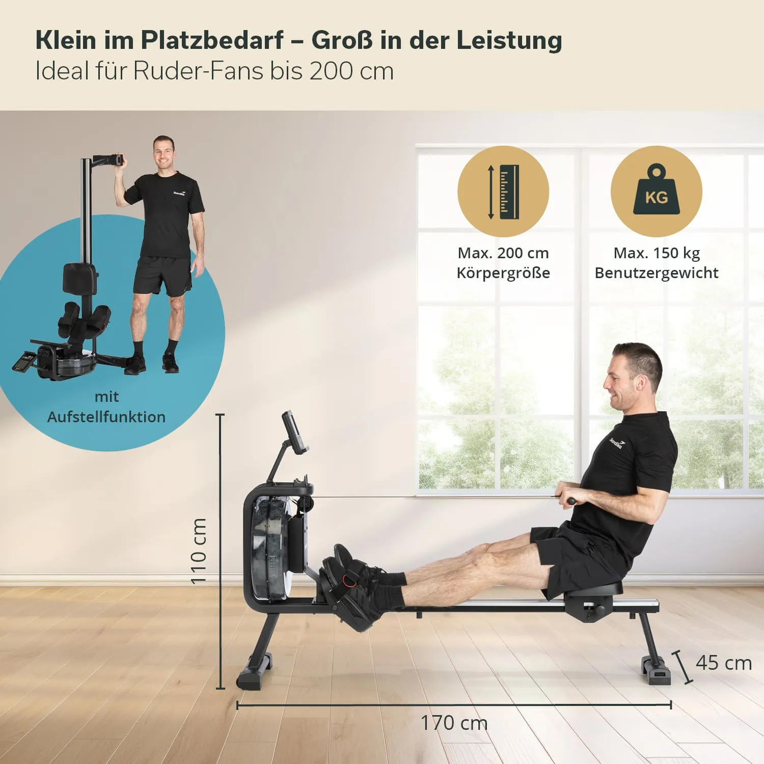 Rudergerät in einem Raum mit hellem Holzboden. Ein Mann sitzt auf dem Gerät und hält die Rudergriffe. Maße und maximale Belastung sind angegeben.