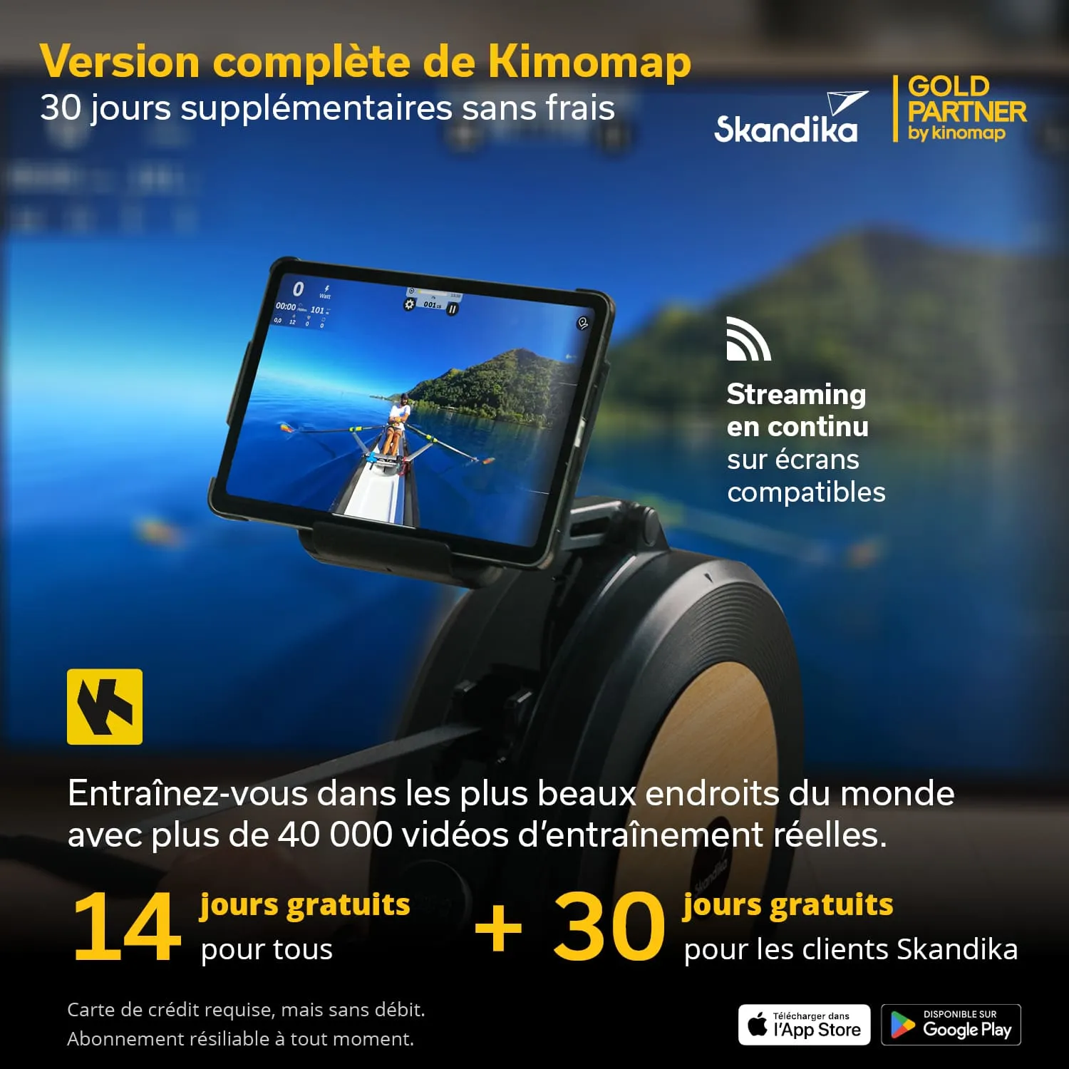 Tablet mit Fitness-App auf einem Rudergerät, im Hintergrund eine Landschaft. Text beschreibt kostenlosen Probemonat.
