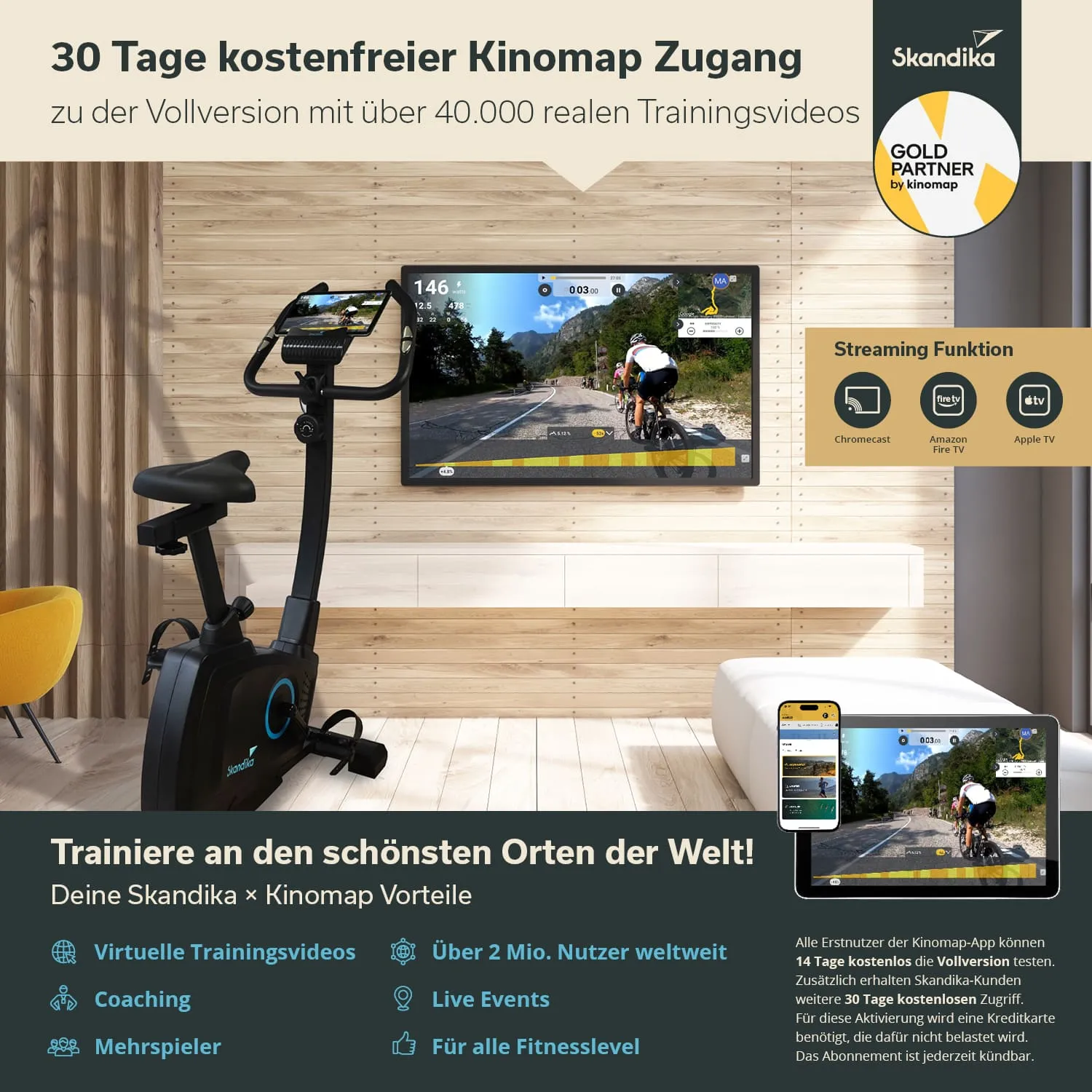 Trainingsgerät steht im Vordergrund, Bildschirm zeigt Radfahr-Video. Holzvertäfelte Wand im Hintergrund, Informationen zu Kinomap-Angebot.