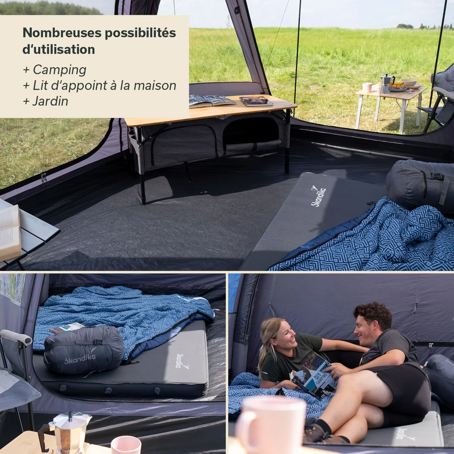 Zeltinneneinrichtung mit einem Bett und einer blauen Decke. Am Boden liegen Bücher, ein Tisch steht daneben. Zwei Personen sitzen entspannt.