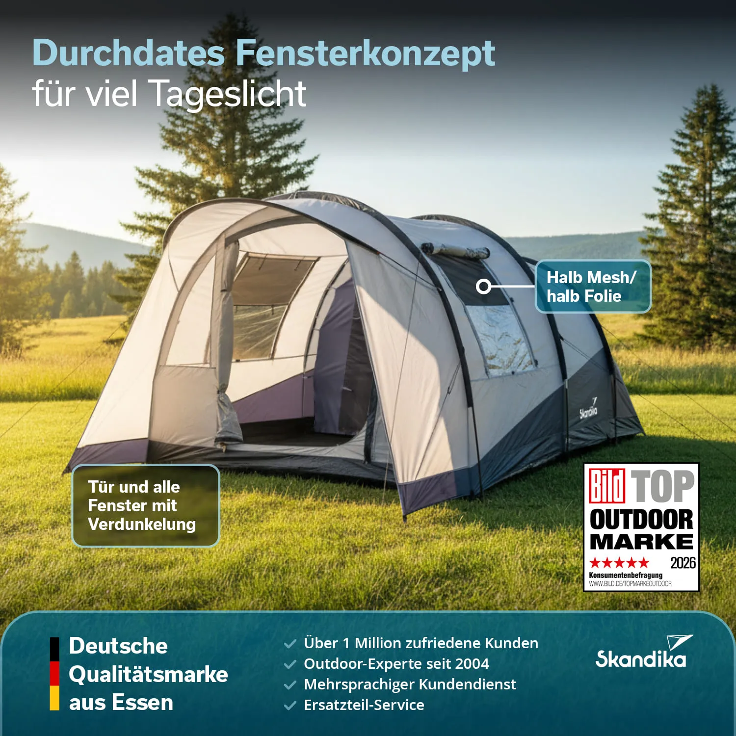 Zelt in der Natur mit halbtransparenten Fenstern, umgeben von Bäumen und Wiese. Textinformationen zu Features und Qualität.