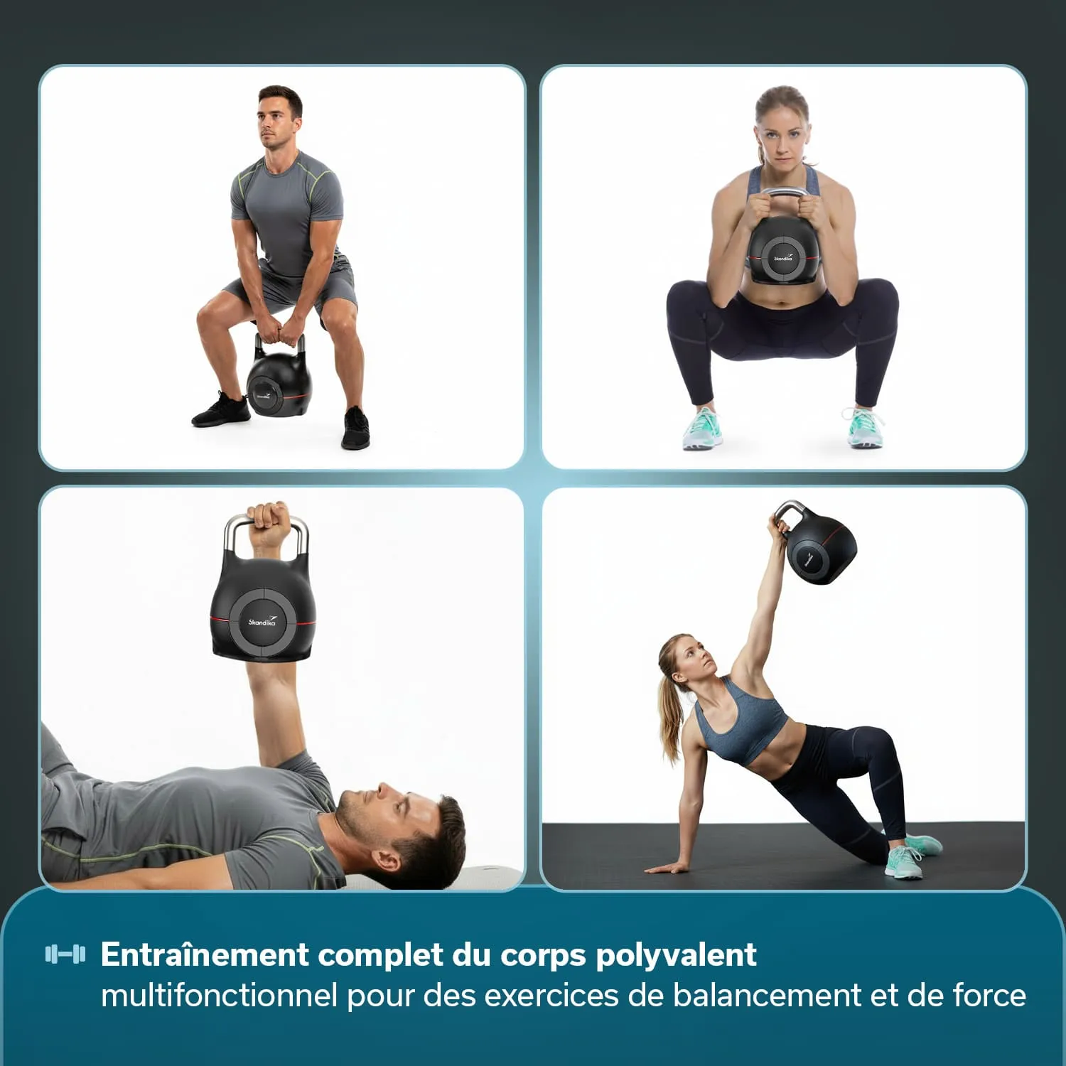 Verschiedene Personen führen Ganzkörpertraining mit einer Kettlebell durch: eine im Squat, eine liegend, eine mit einer Überkopfbewegung und eine andere in der seitlichen Plank-Position.