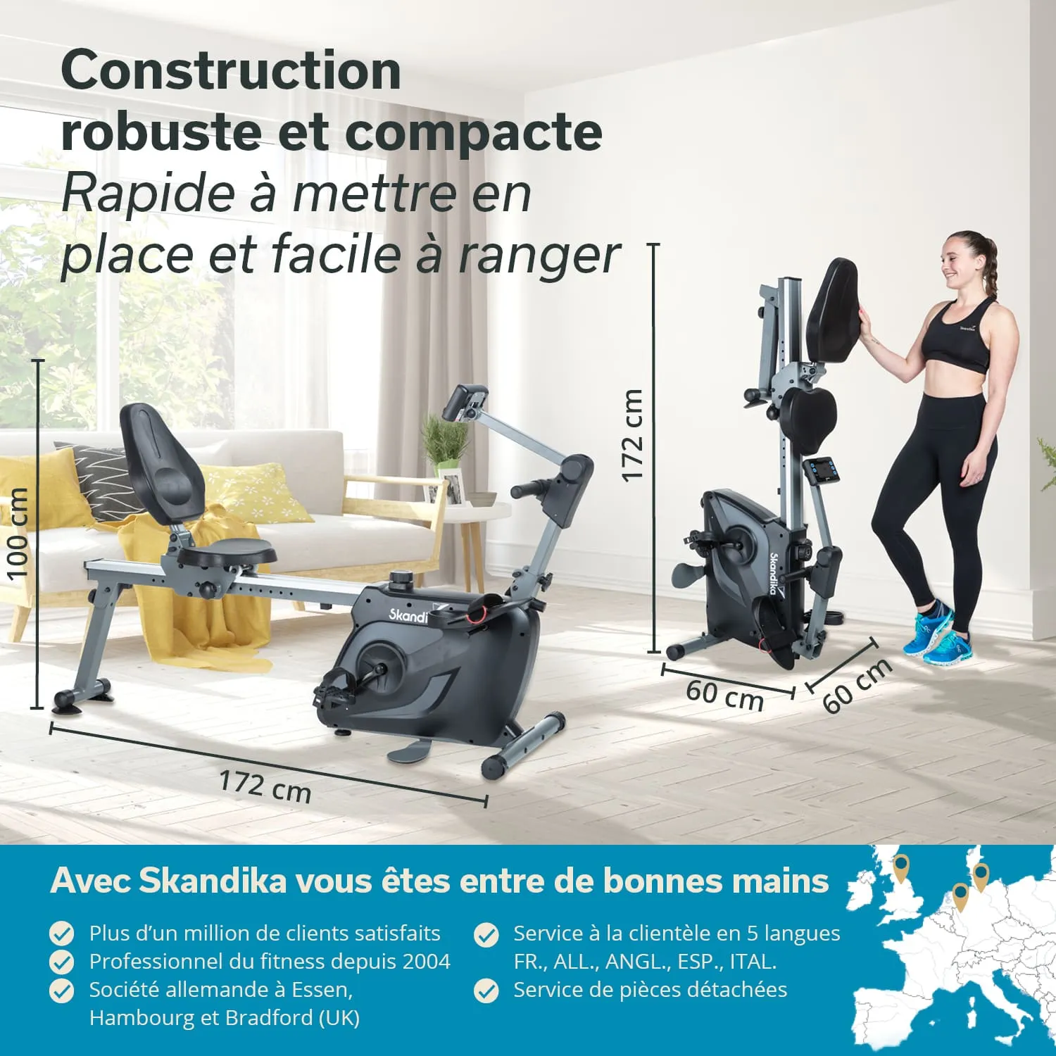 Fitnessgerät mit zwei Modellen: ein Liegerad und ein vertikales Rad, umgeben von einem hellen Raum mit Fenster.
