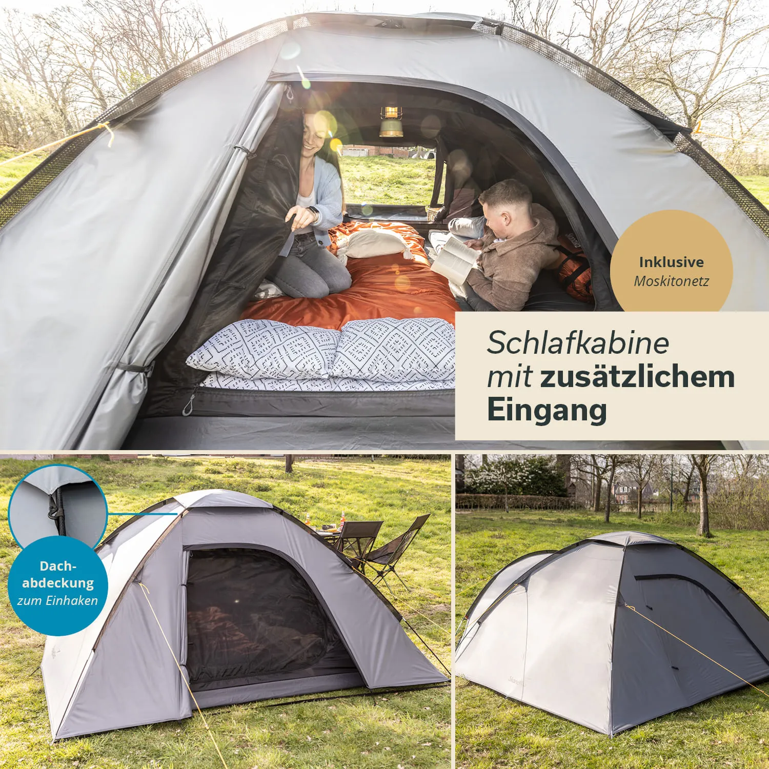 Zelt mit Schlafkabine, innen mit Matratzen und Kissen, außen eine Zeltansicht mit Stuhl und Tisch im Hintergrund.