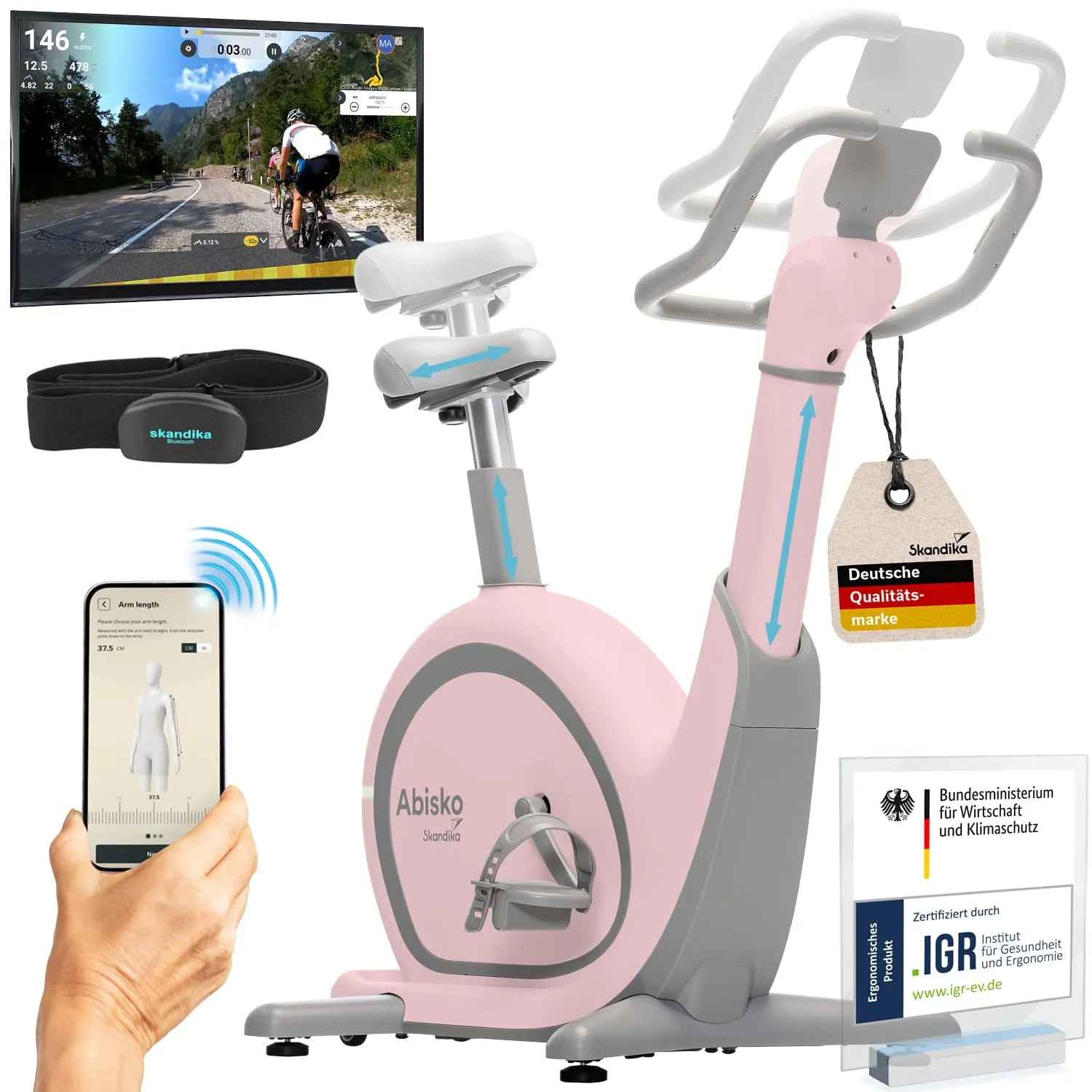Fahrradtrainer in Rosa mit verstellbarem Sitz und Lenker, neben einem Smartphone und einem Fitness-Bildschirm.