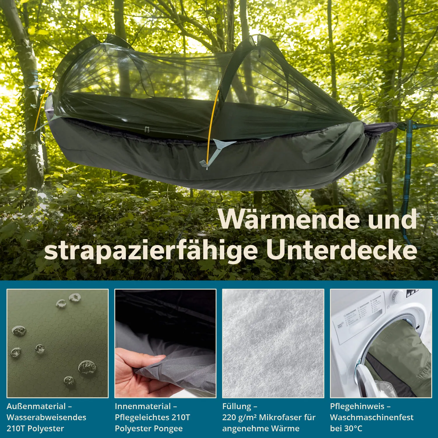 Hängende Unterdecke in der Natur, umgeben von Bäumen. Textelemente zu Materialien und Pflegehinweisen.