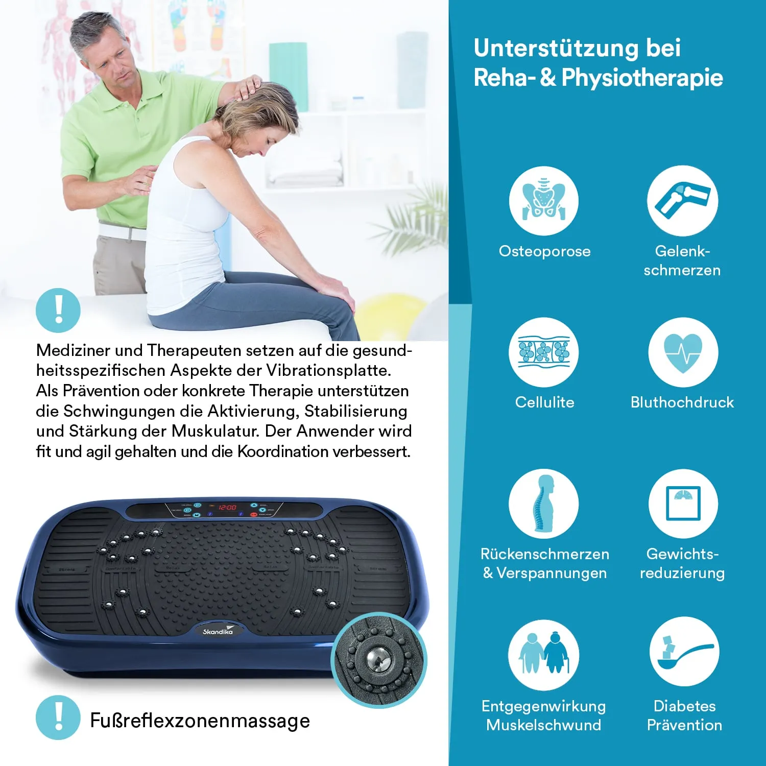 Ein Therapeut steht hinter einer sitzenden Person, die auf einer Vibrationstherapieplatte sitzt. Im Hintergrund sind medizinische Poster sichtbar. Die Platte hat eine gummierte Oberfläche mit Erhebungen.