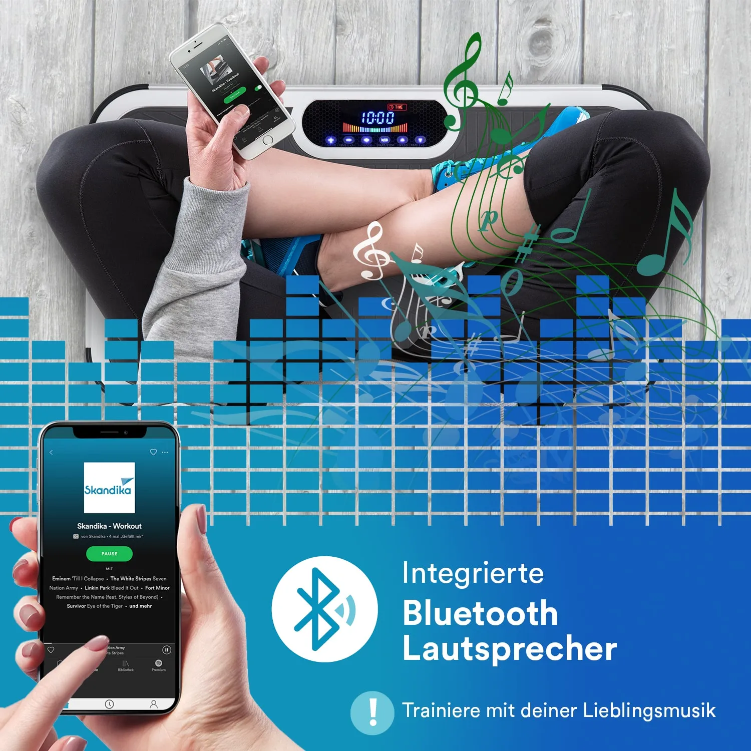 Bluetooth Lautsprecher mit Smartphone, Person mit Sportbekleidung, abstrahierte Musiknoten und grafische Elemente.