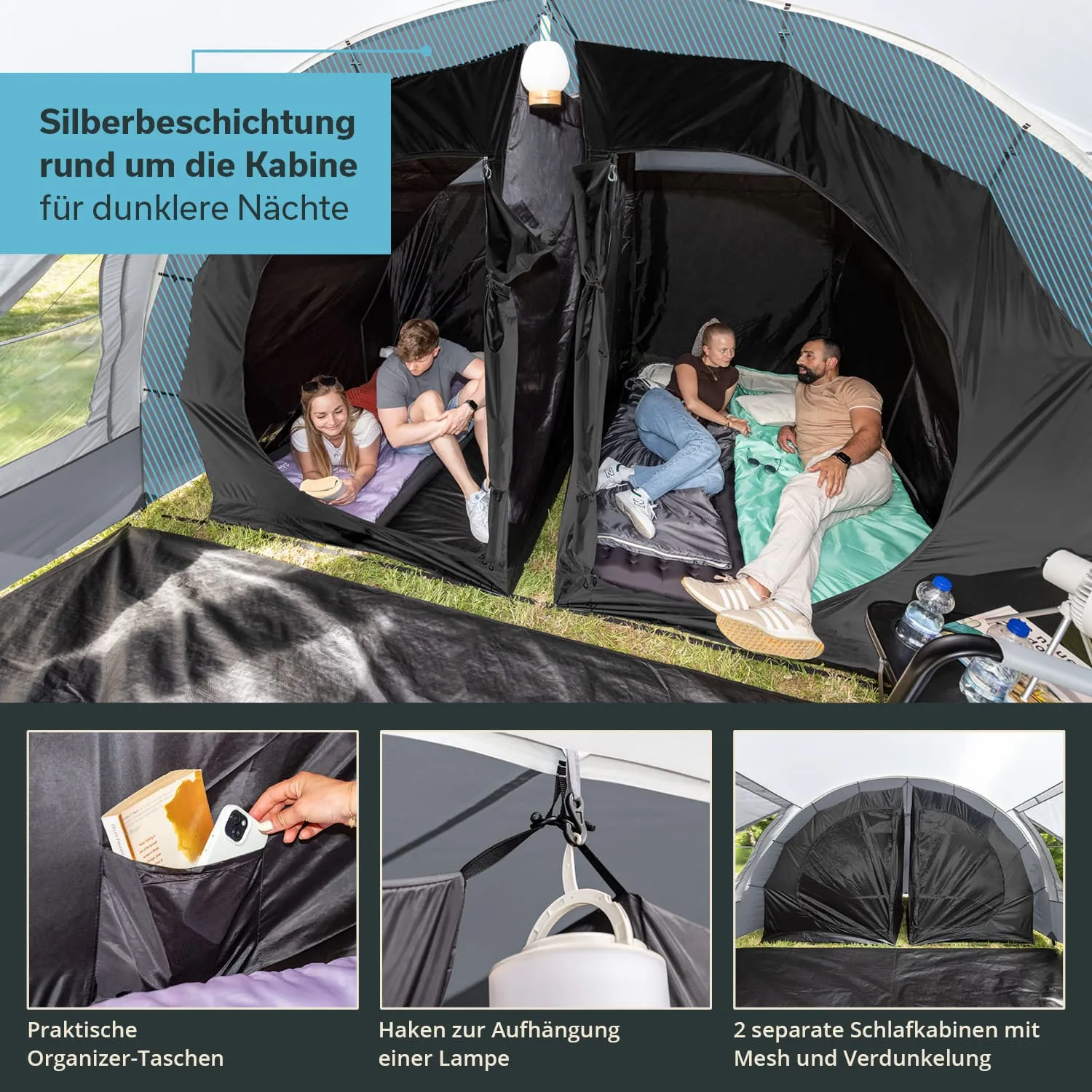 Zelt mit zwei getrennten Schlafkabinen, einer Lampe und Organizer-Taschen. Personen liegen auf Matratzen und lesen.