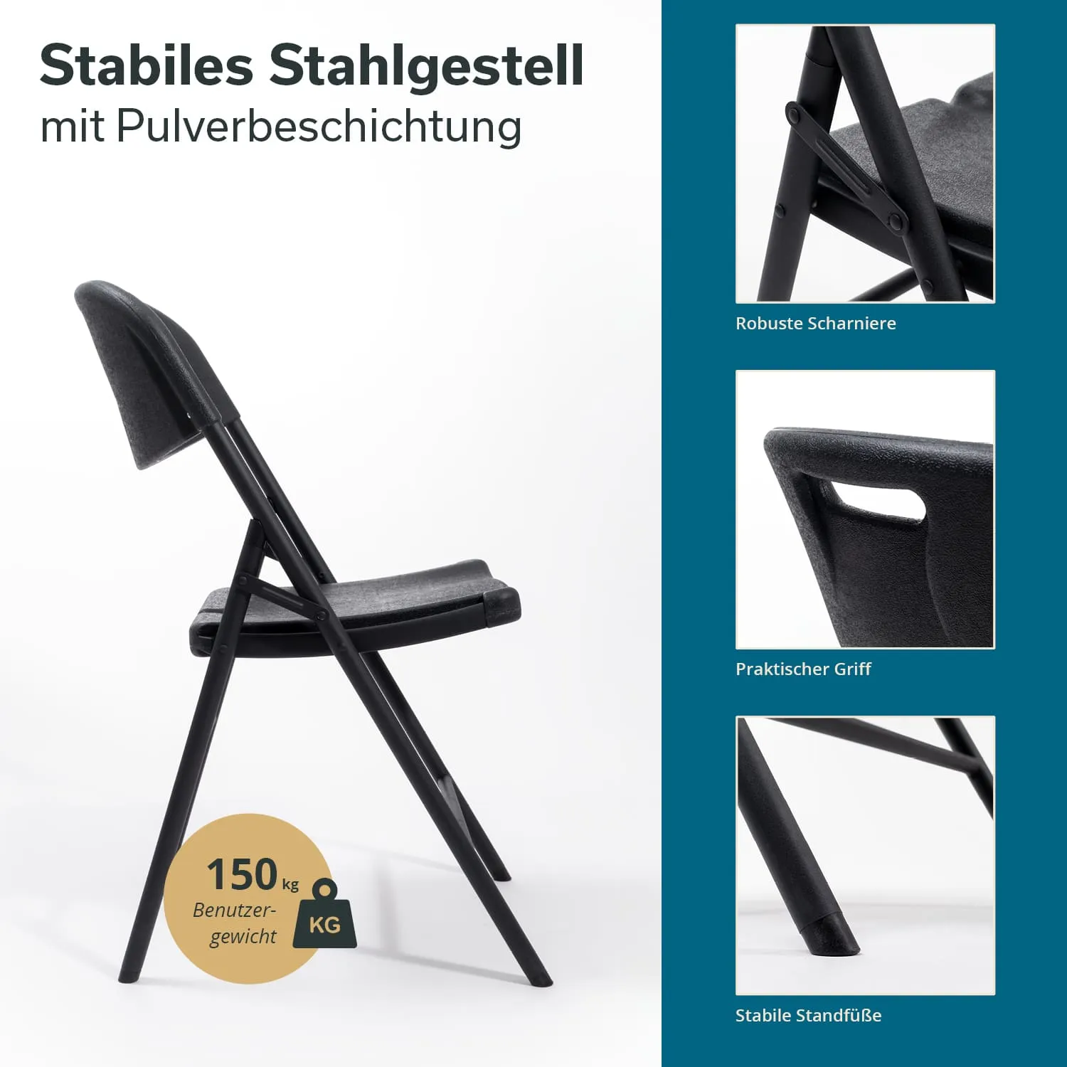 Faltstuhl mit stabilem Stahlgestell, schwarzem Bezug und Hinweisen zu Benutzergewicht sowie Details zu Griff und Standfüßen.