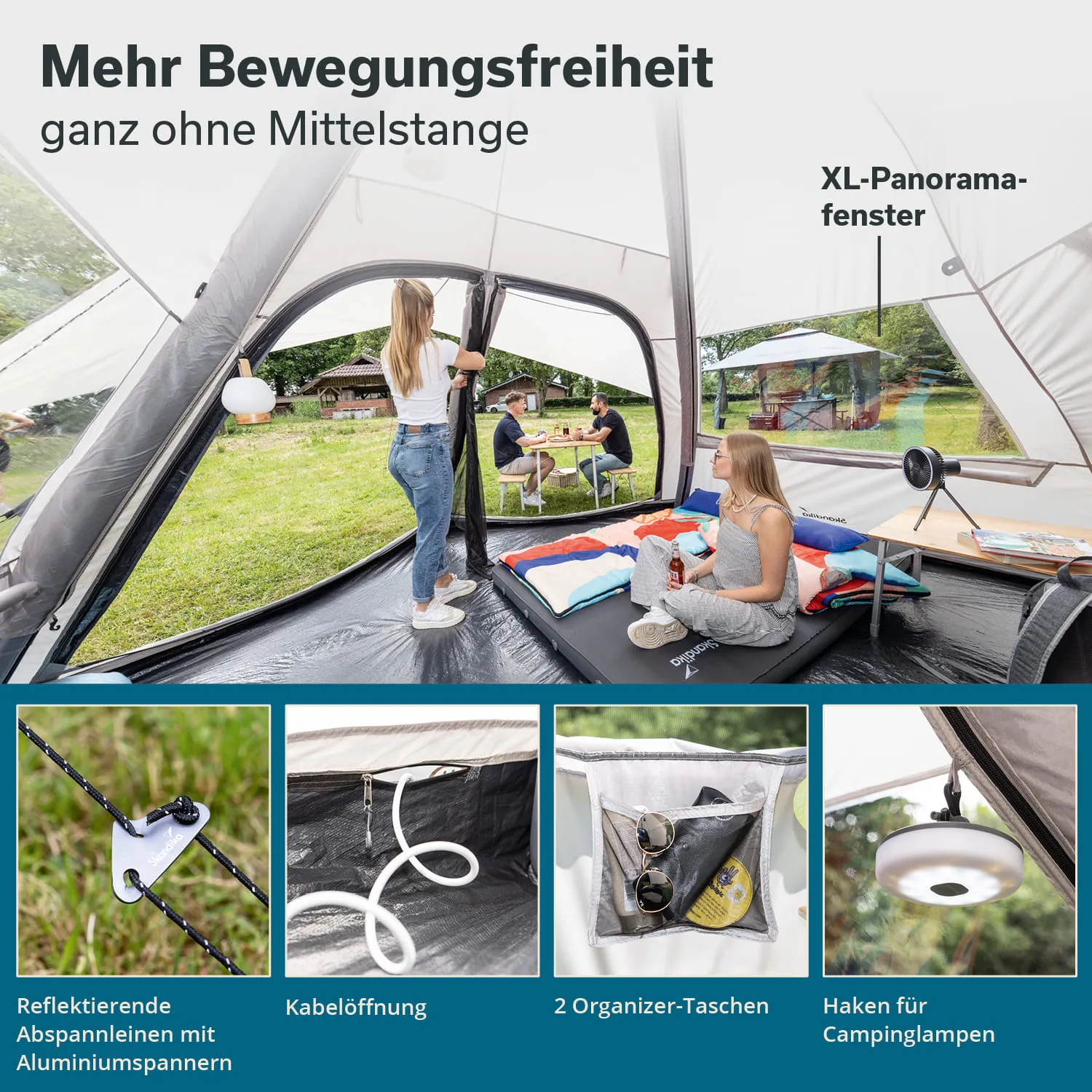 Zeltinnensicht mit zwei Personen und zwei Betten, einer mit Kissen. Außenbereich mit Tisch und Stühlen sichtbar. Unterteilung in Produktdetails.