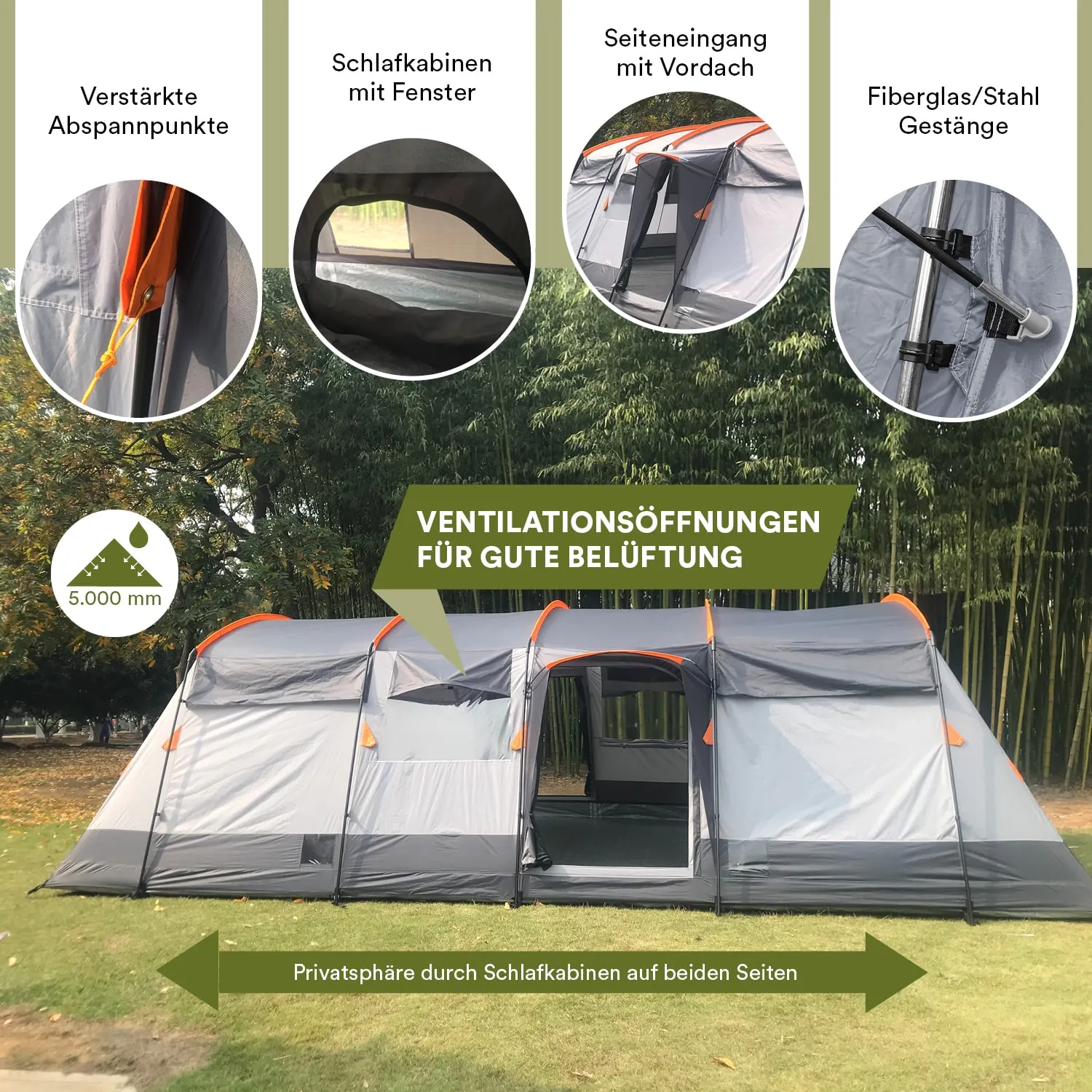 Zelt mit mehreren Schlafkabinen, Fenstern, seitlichem Eingang und Ventilationsöffnungen auf einer Grünfläche.