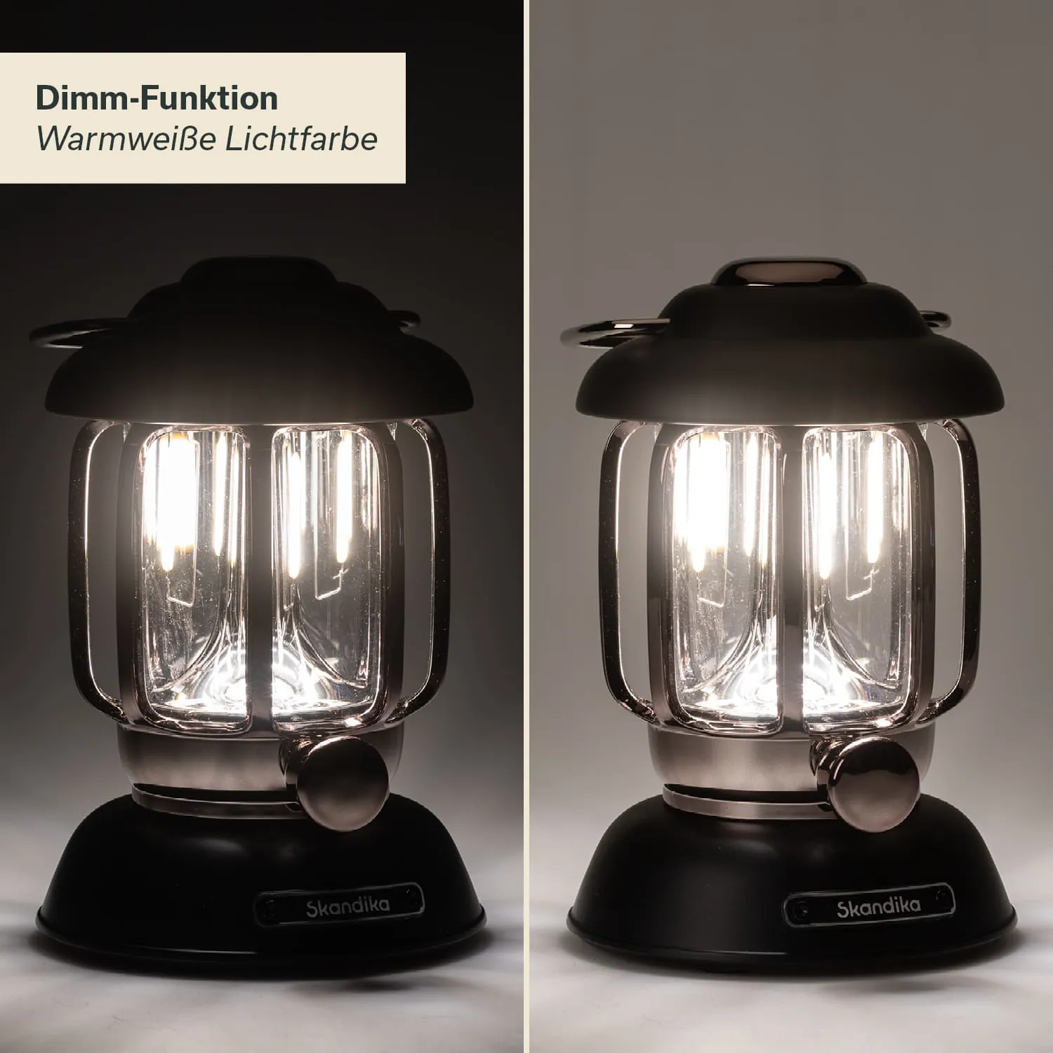Tischlampe mit dimmbarer warmweißer Lichtfarbe. Linke Seite zeigt Lampenlicht, rechte Seite ist gedimmt. Marke: Skandika.