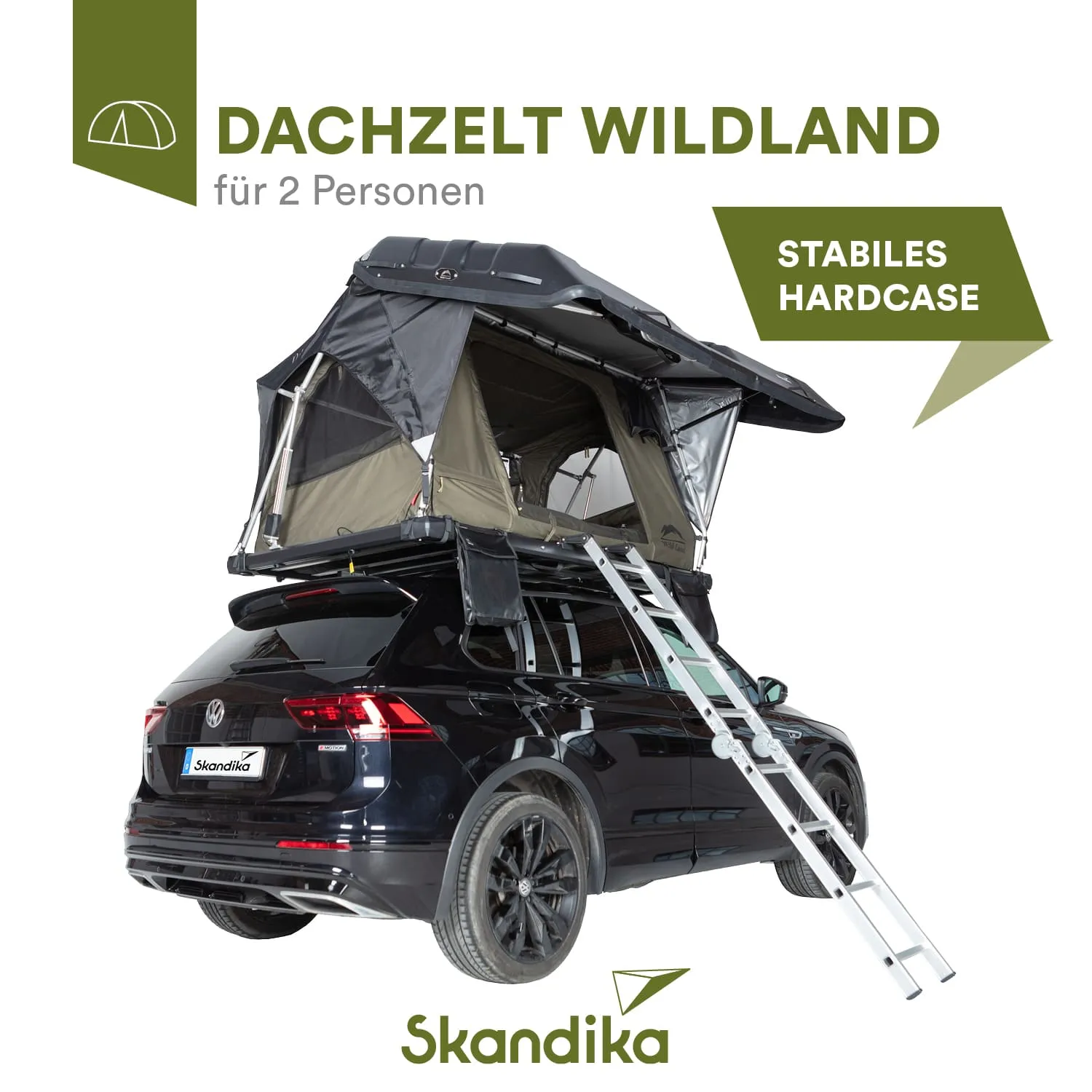 Dachzelt für zwei Personen auf einem schwarzen SUV, mit einer Leiter zum Einstieg, auf hellem Hintergrund.