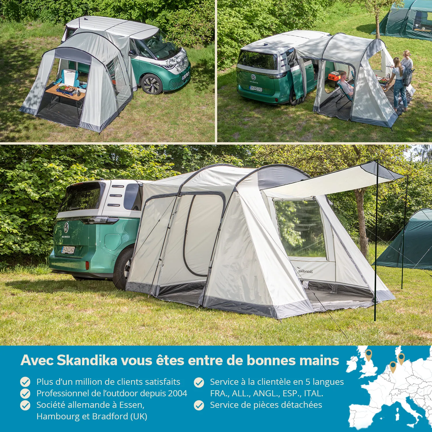 Campingplatz mit einem grünen VW-Bus und einem hellen Zelt. Bäume im Hintergrund, Rasenfläche. Zelt hat transparente Fenster.