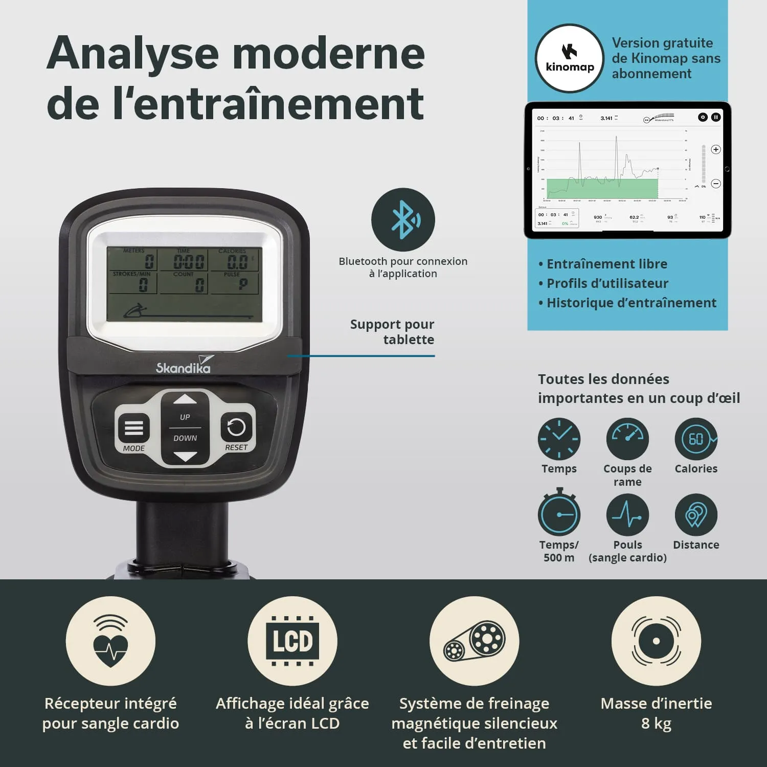 Display eines Trainingsgeräts mit LCD-Bildschirm, Tasten für Einstellungen, Bluetooth-Symbol und Tablettenhalterung.