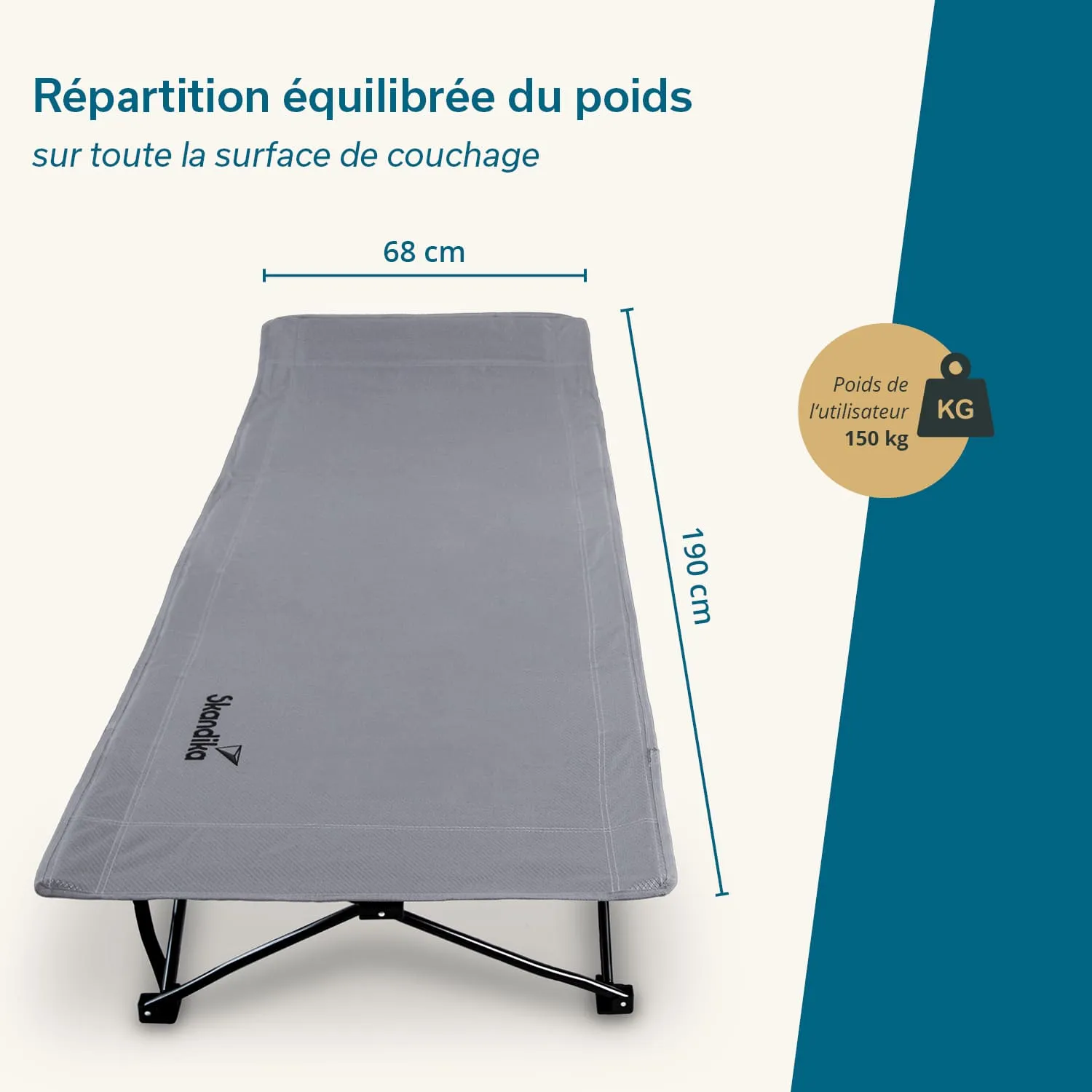 Faltbare Liege in Grau mit Maßen. Länge 190 cm, Breite 68 cm, maximaler Benutzergewicht 150 kg.