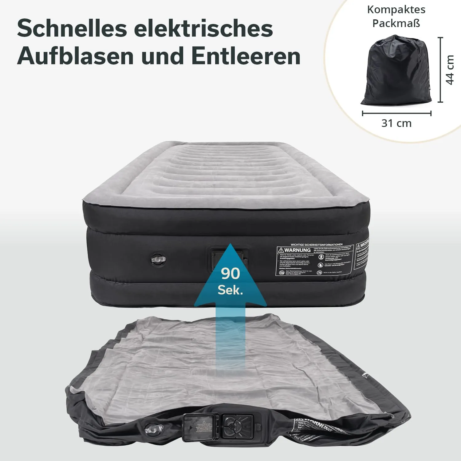 Luftmatratze in zwei Zuständen: aufgeblasen und entleert. Beschriftung über Aufblas- und Entleerzeit (90 Sek.). Packmaß abgebildet.