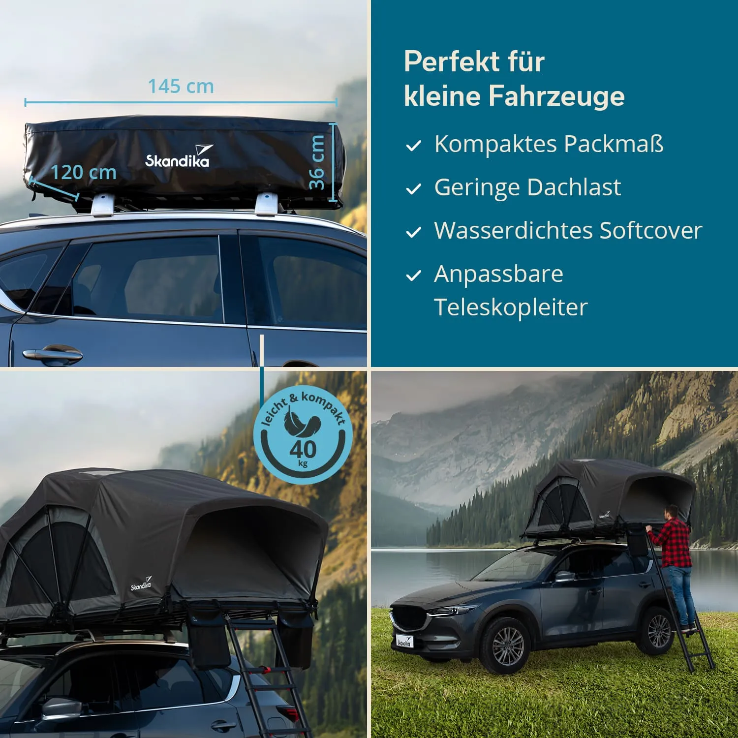 Dachzelt auf einem Auto, Maße 145 cm x 120 cm x 36 cm, Teleskopleiter, Berglandschaft im Hintergrund.