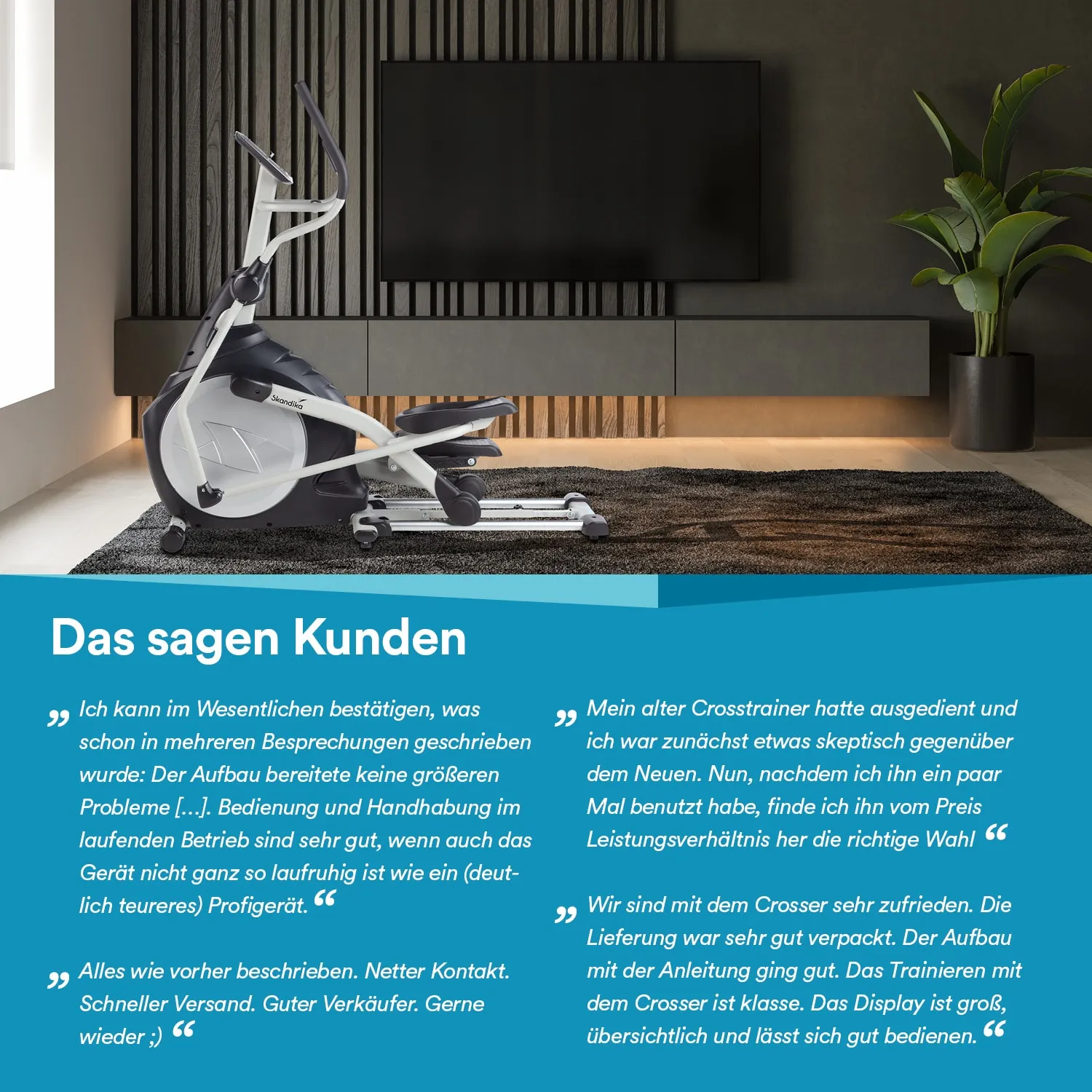 Crosstrainer in modernem Raum mit Pflanzen und Fernseher. Kundenbewertungen in Textfeldern.
