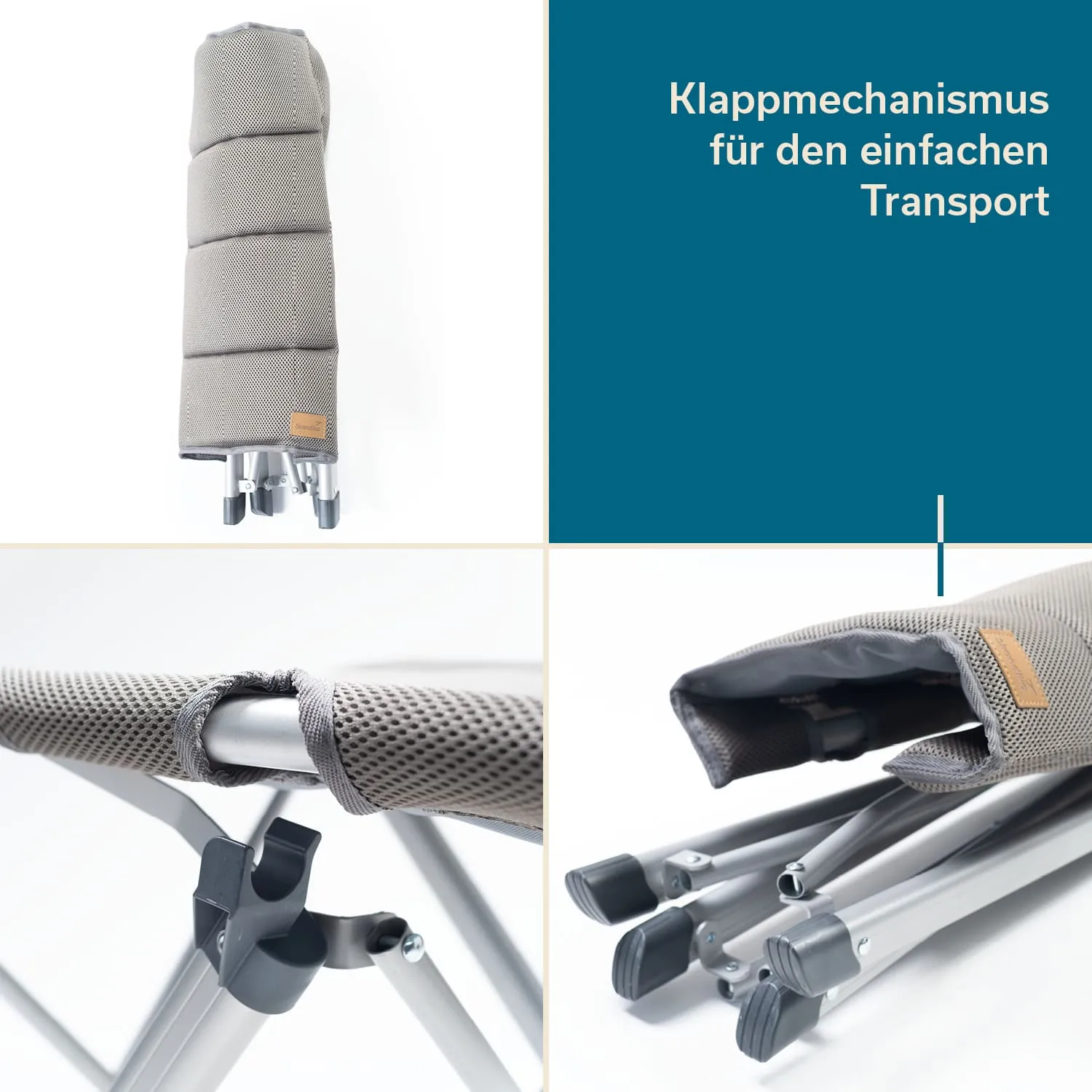 Klappstuhl mit grauem Bezug und Metallgestell, Detailansichten des Klappmechanismus und der Füße.
