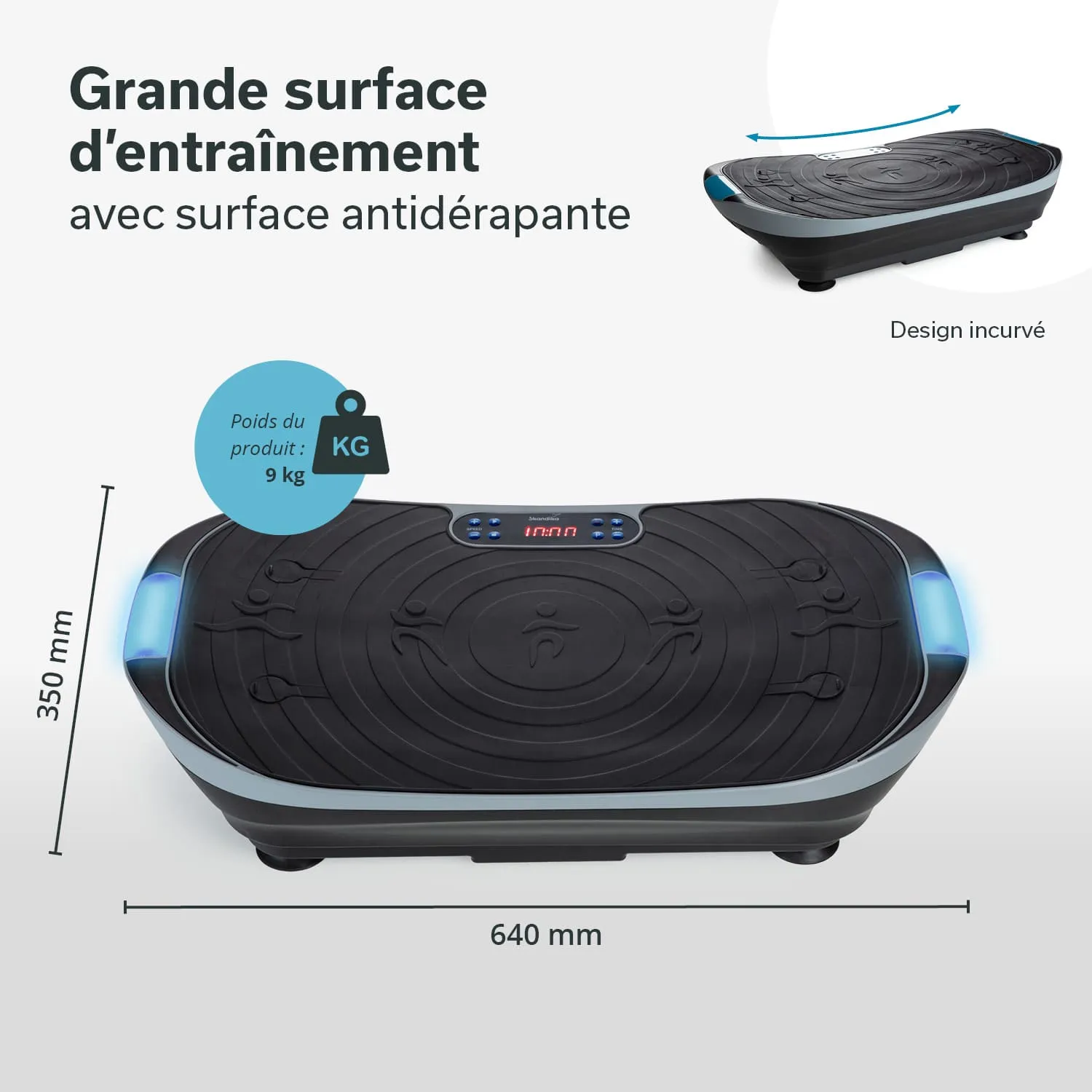 Vibrationsplatte mit rutschfester Oberfläche und digitalem Display. Abmessungen: 640 mm x 350 mm. Gewicht: 9 kg.
