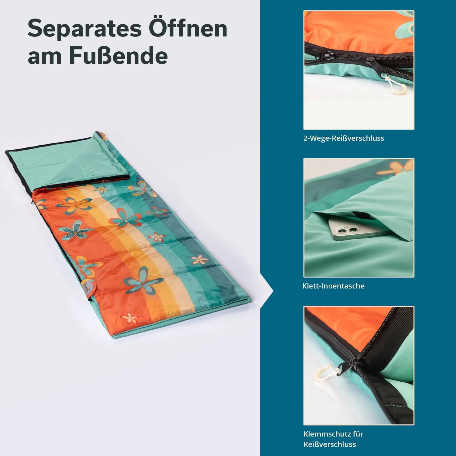 Schlafsack mit buntem Muster in Orange und Grün, gezeigt mit 2-Wege-Reißverschluss, Klett-Innentasche und Klemmerschutz.