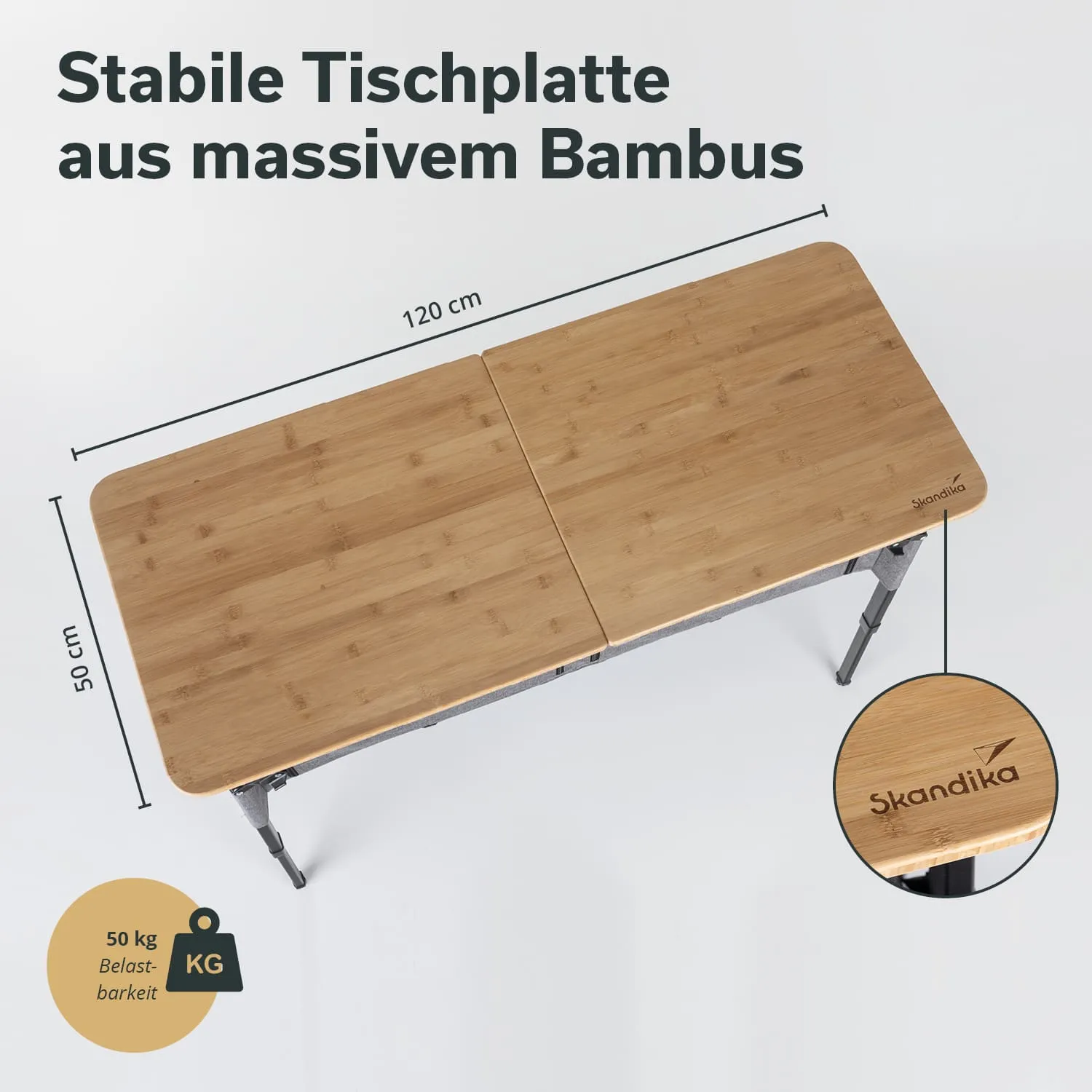 Tischplatte aus massivem Bambus in zwei Teilen, Maße 120 cm x 50 cm, mit stabilen Beinen. Logo „Skandika“ sichtbar.