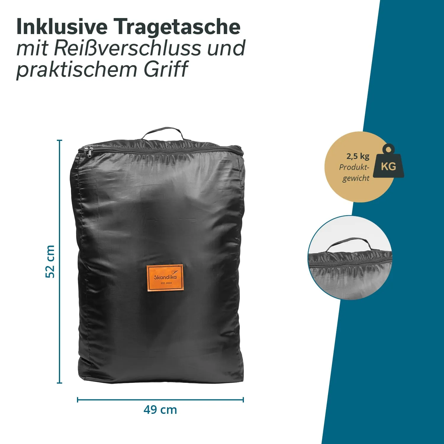 Schwarze Tragetasche mit Reißverschluss, Abmessungen: 49 cm x 52 cm, Gewicht: 2,5 kg, mit Griff. Markenlogo sichtbar.