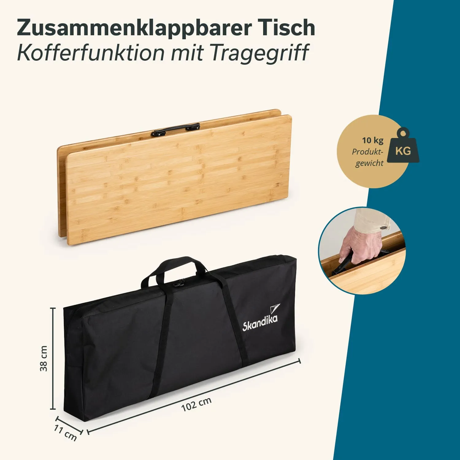 Zusammenklappbarer Tisch in zwei Positionen: gefaltet und in einer Tragetasche. Maße und Gewichtsangabe sind sichtbar.