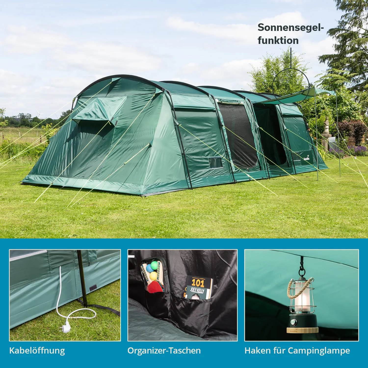 Grünes Zelt auf einer Wiese mit Seilen und Heringen. Verschiedene Details wie Kabelöffnung, Organizer-Taschen und Haken für eine Lampe sind abgebildet.