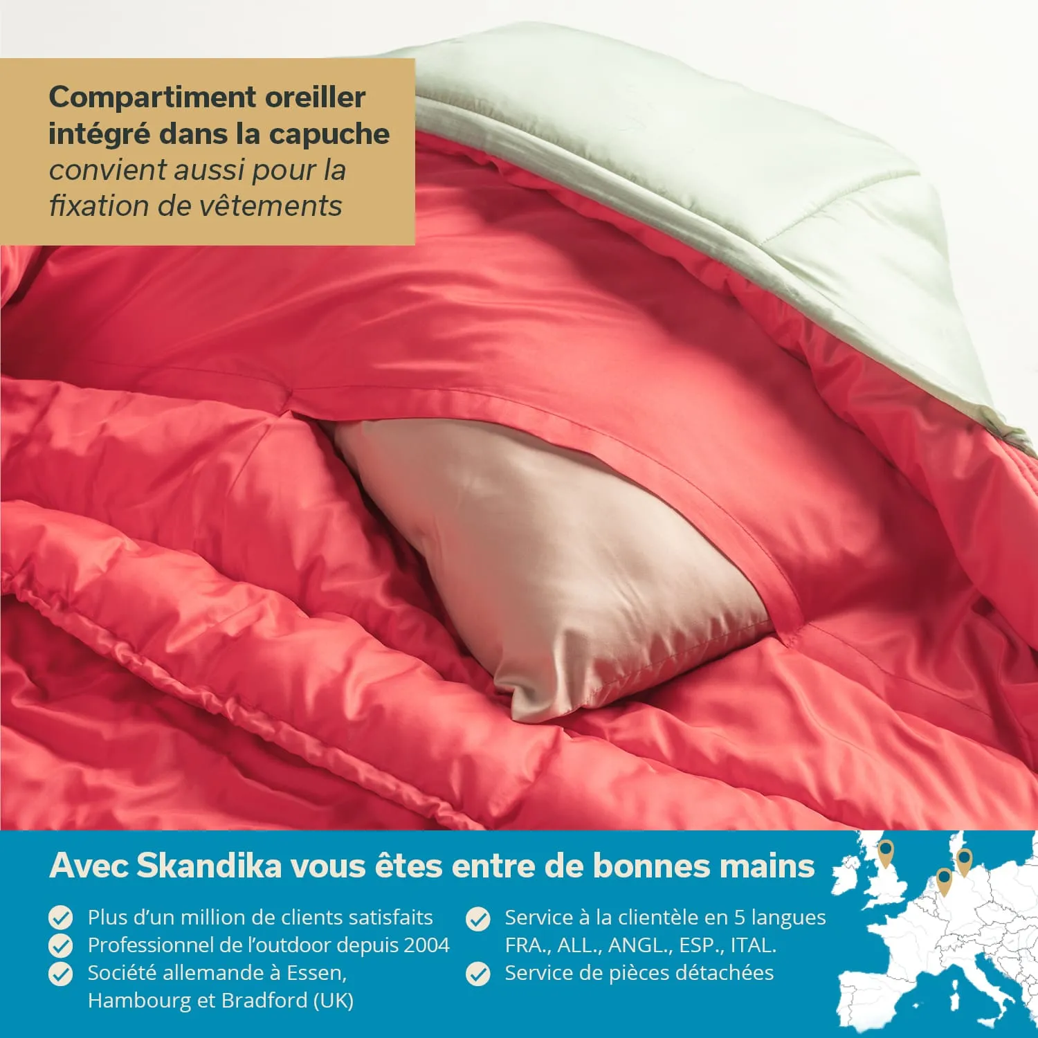 Detailansicht eines Schlafsacks mit einer hellgrünen Außenseite und einem inneren, korallenroten Futter. Ein Kissen ist sichtbar. Textinformationen im Bild.