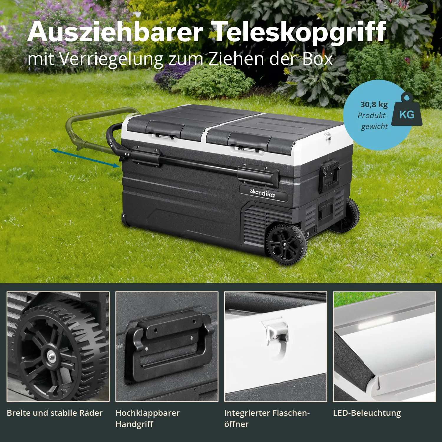 Kühlbox mit ausziehbarem Teleskopgriff, stabilen Rädern und verschiedenen Fächern in einer grünen Umgebung.
