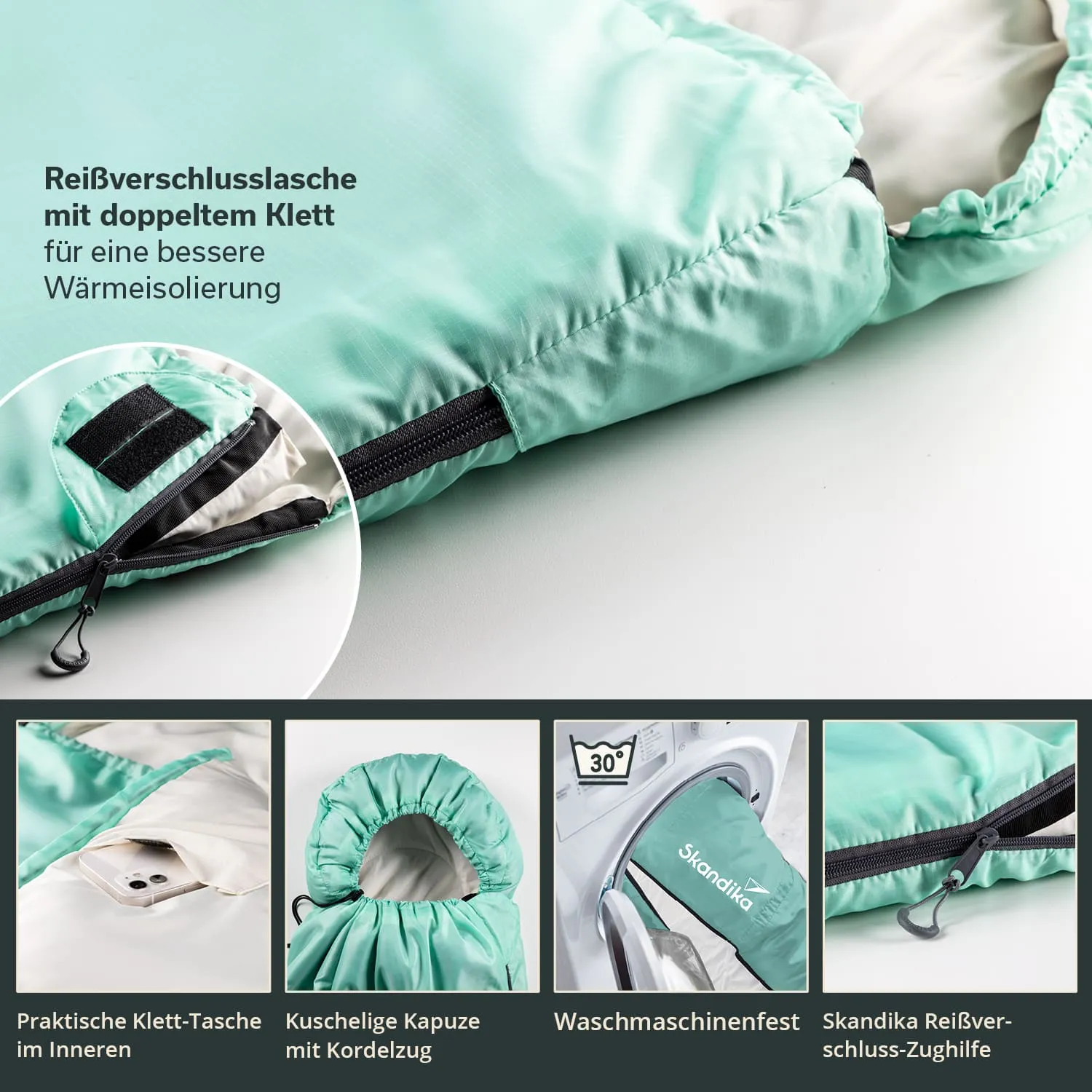 Grüner Schlafsack mit Reißverschluss und Klettverschluss, innen eine Tasche, Kapuze mit Kordelzug, maschinenwaschbar.