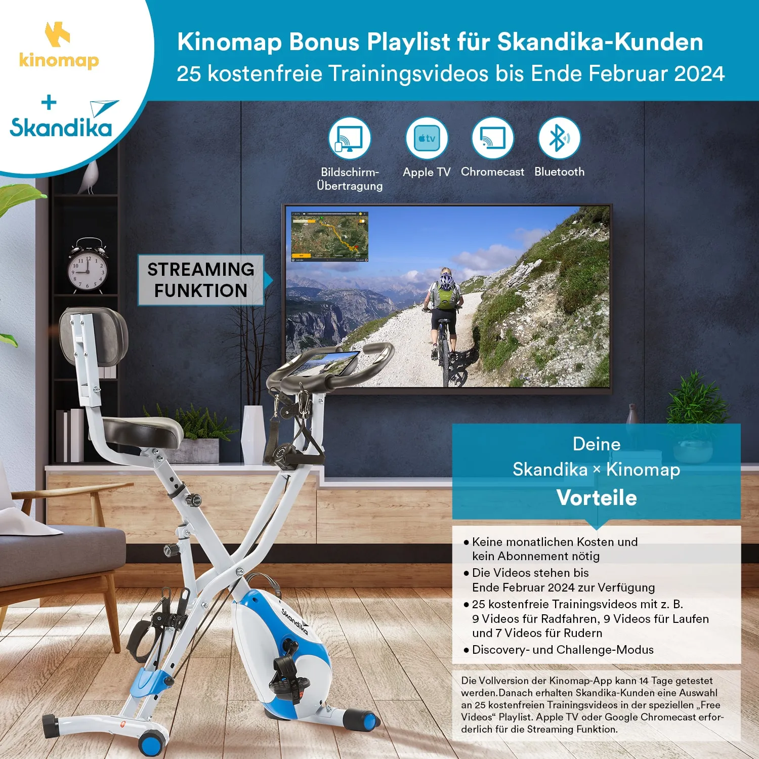 Ein Fitnessgerät steht im Vordergrund, daneben ein Fernseher, der einen Radfahrer in einer Naturlandschaft zeigt. Es gibt Texte zu Kinomap und Skandika, die Vorteile und Funktionen hervorheben.
