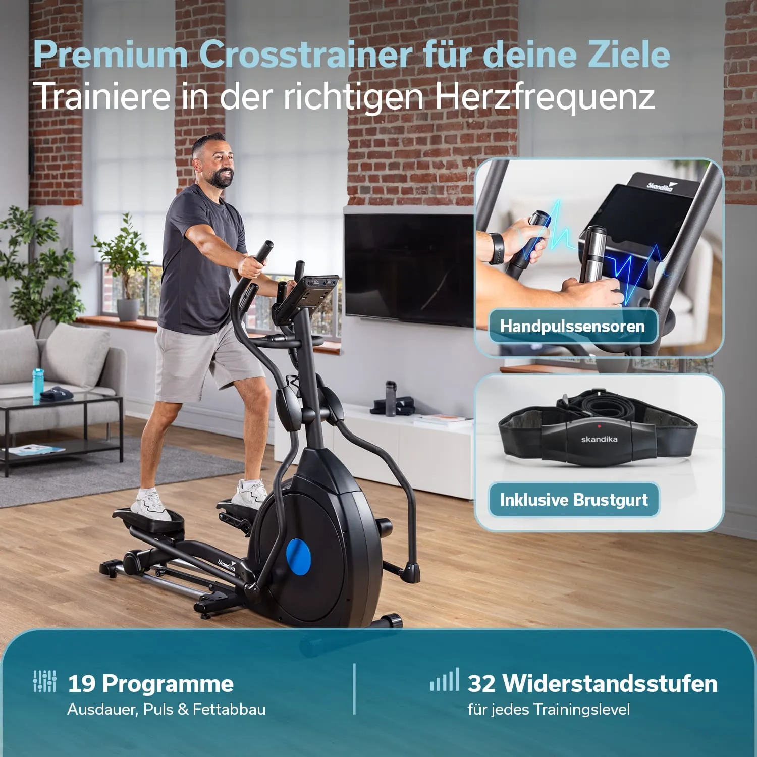 Crosstrainer in einem hellen Raum mit Fenster, Person trainiert mit Handgriffen, Couch und TV im Hintergrund.