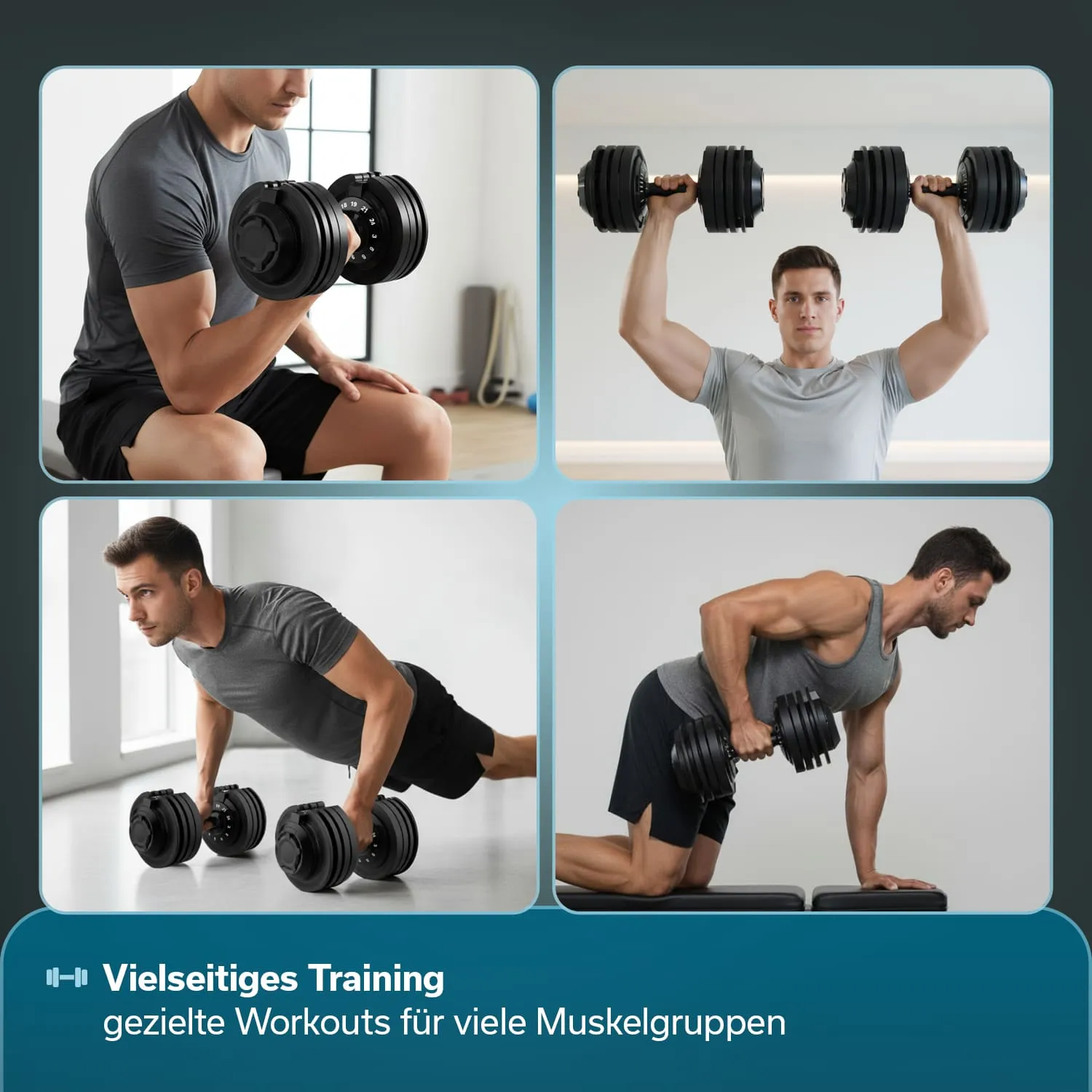 Verschiedene Männer führen Übungen mit Hanteln aus. Oben links: Bizepscurl. Oben rechts: Überkopfdrücken. Unten links: Liegestütze. Unten rechts: Rudern.