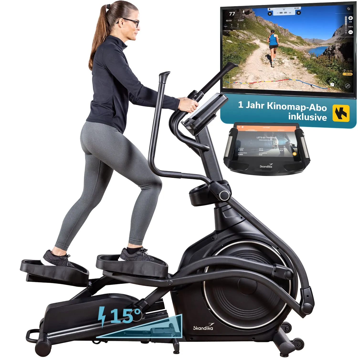 Eine Person trainiert auf einem Ellipsentrainer. Im Hintergrund ist ein Bildschirm mit einer Laufstrecke und weiteren Informationen sichtbar.