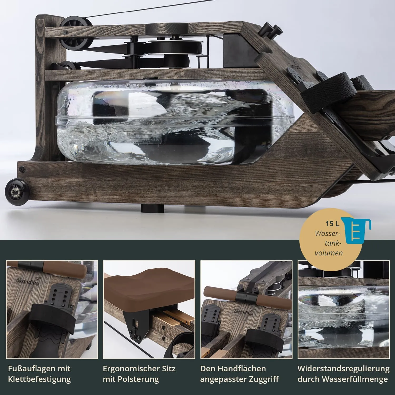 Wassertretgerät mit Holzrahmen, großem Wassertank, ergonomischem Sitz und Fußauflagen. Wasserfüllung zur Widerstandsregulierung.