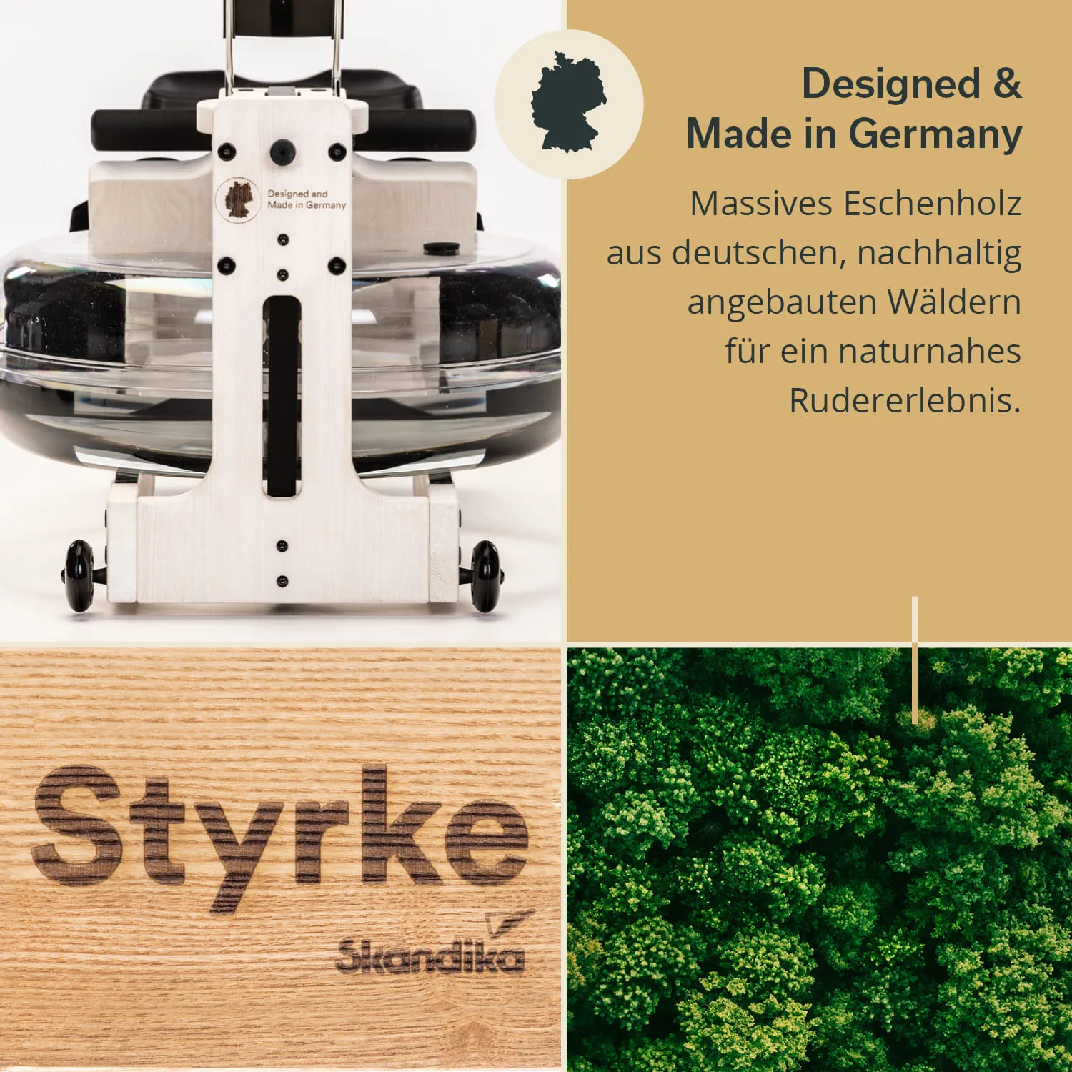 Rudergerät aus Eschenholz mit Wasserbehälter, Logo „Styrke“ auf Holzplatte, grünes Baumdach im Hintergrund.
