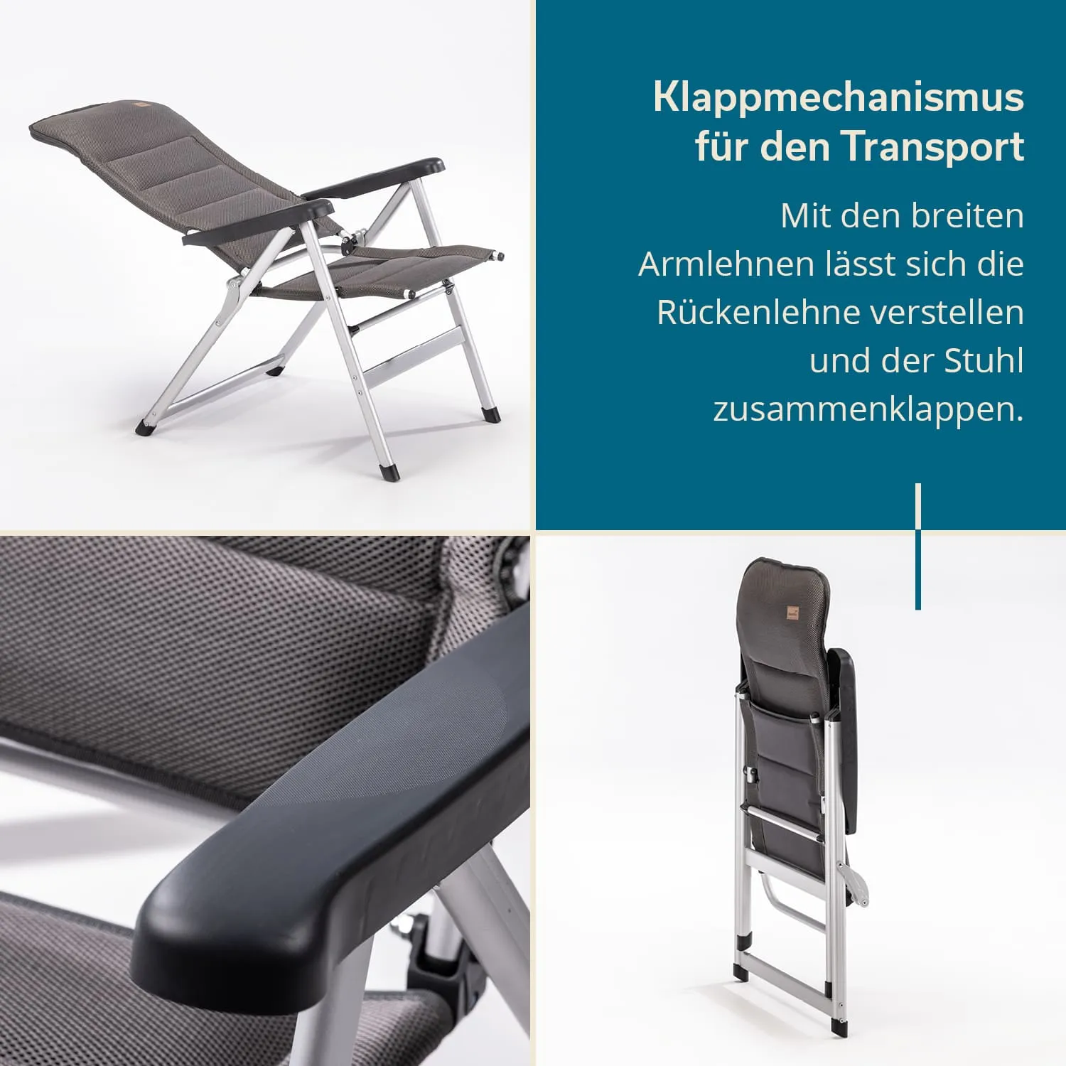 Klappstuhl in Grau mit breiten Armlehnen. Der Stuhl ist aufrecht und zeigt seinen Klappmechanismus.