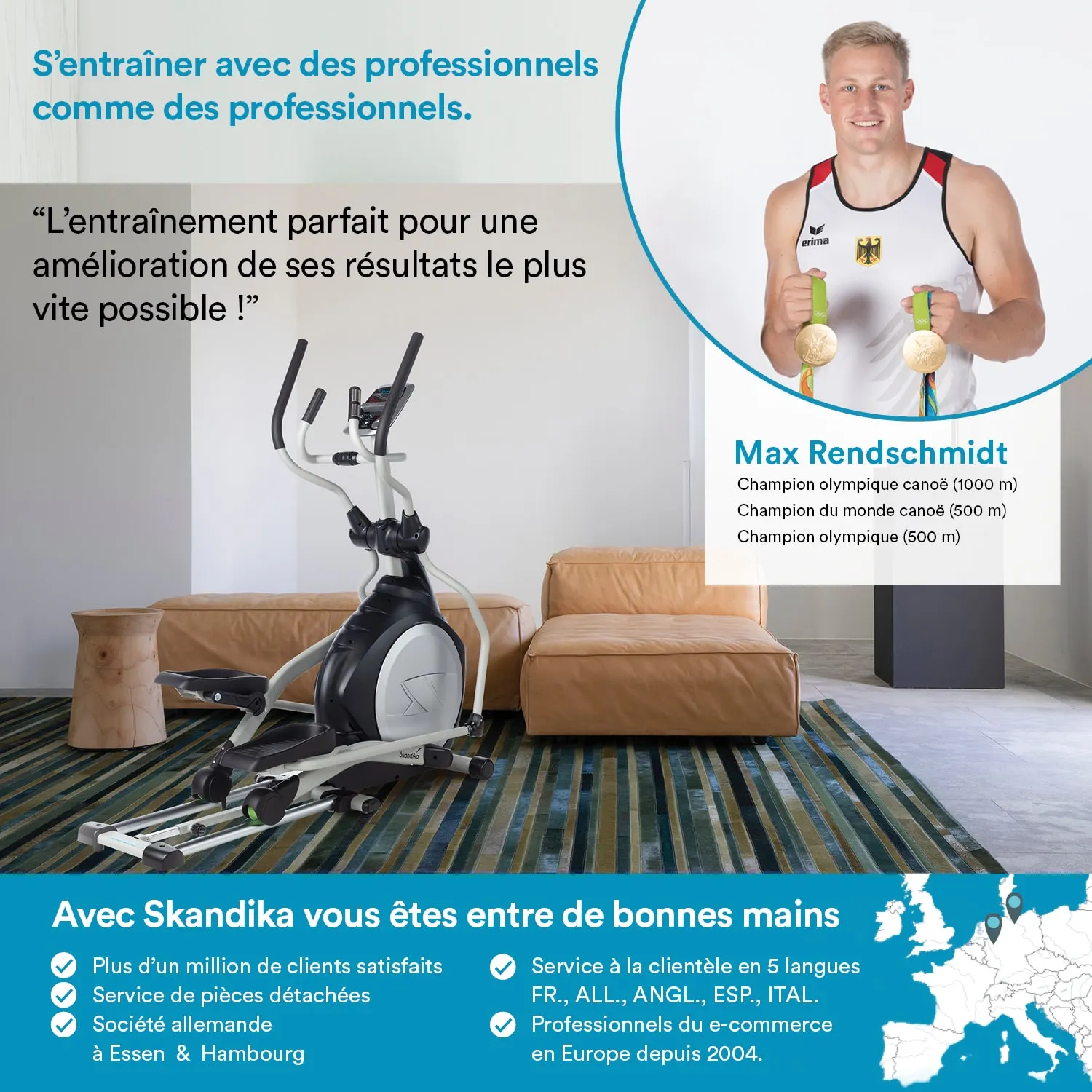 Ellipsentrainer im Vordergrund, beige Couch im Hintergrund, bunte Teppichmuster, Person mit Medaillen und Angaben zu ihrer Karriere.
