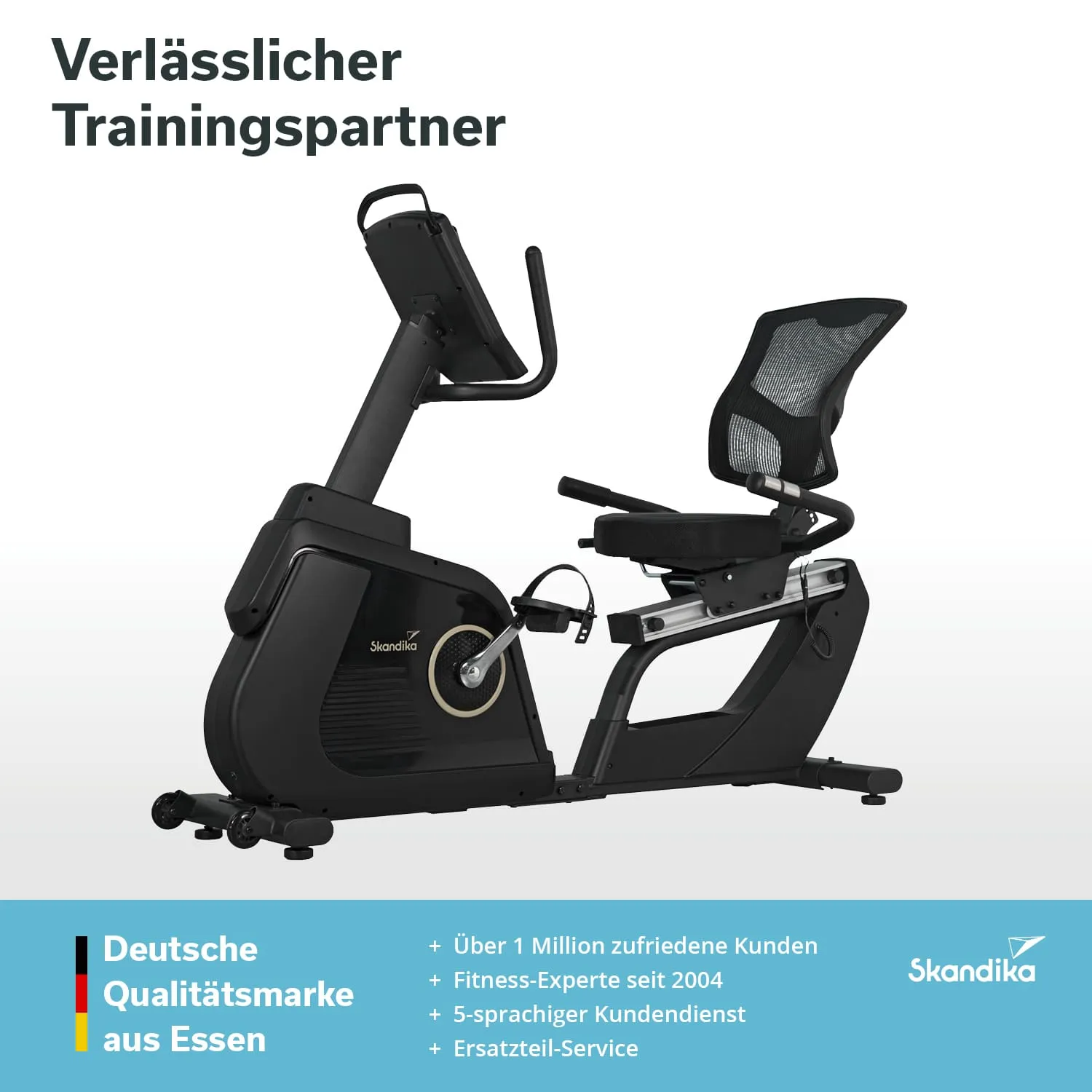 Fahrrad-Ergometer mit Sitz, verstellbarem Rückenlehne und Steuergriffen, schwarzes Design, Logo in der Mitte.