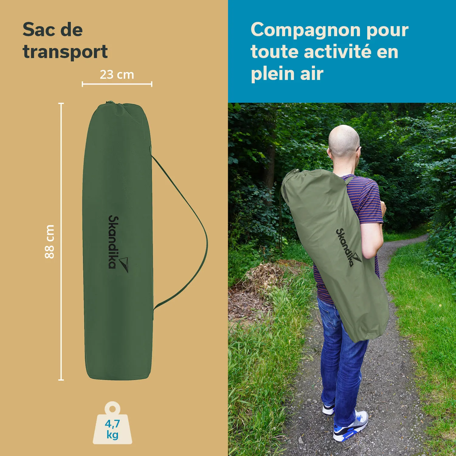 Grüner Transportbeutel mit Maßen und Gewicht, Person trägt ihn auf dem Rücken in einer Waldumgebung.