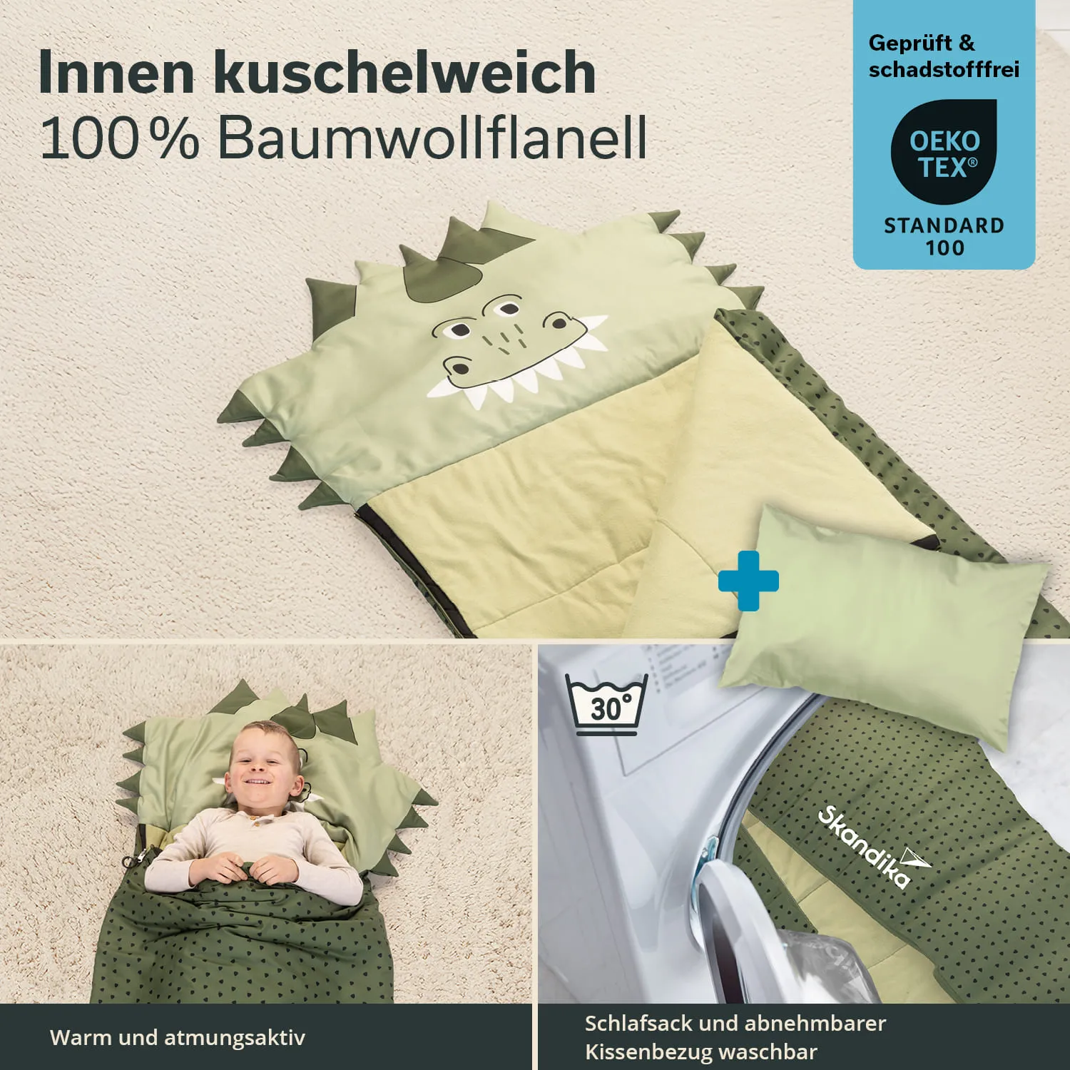 Schlafsack in grünem Baumwollflanel mit Drachenmotiv, Kissen und Waschhinweis in der Darstellung, Kinder liegen darin.