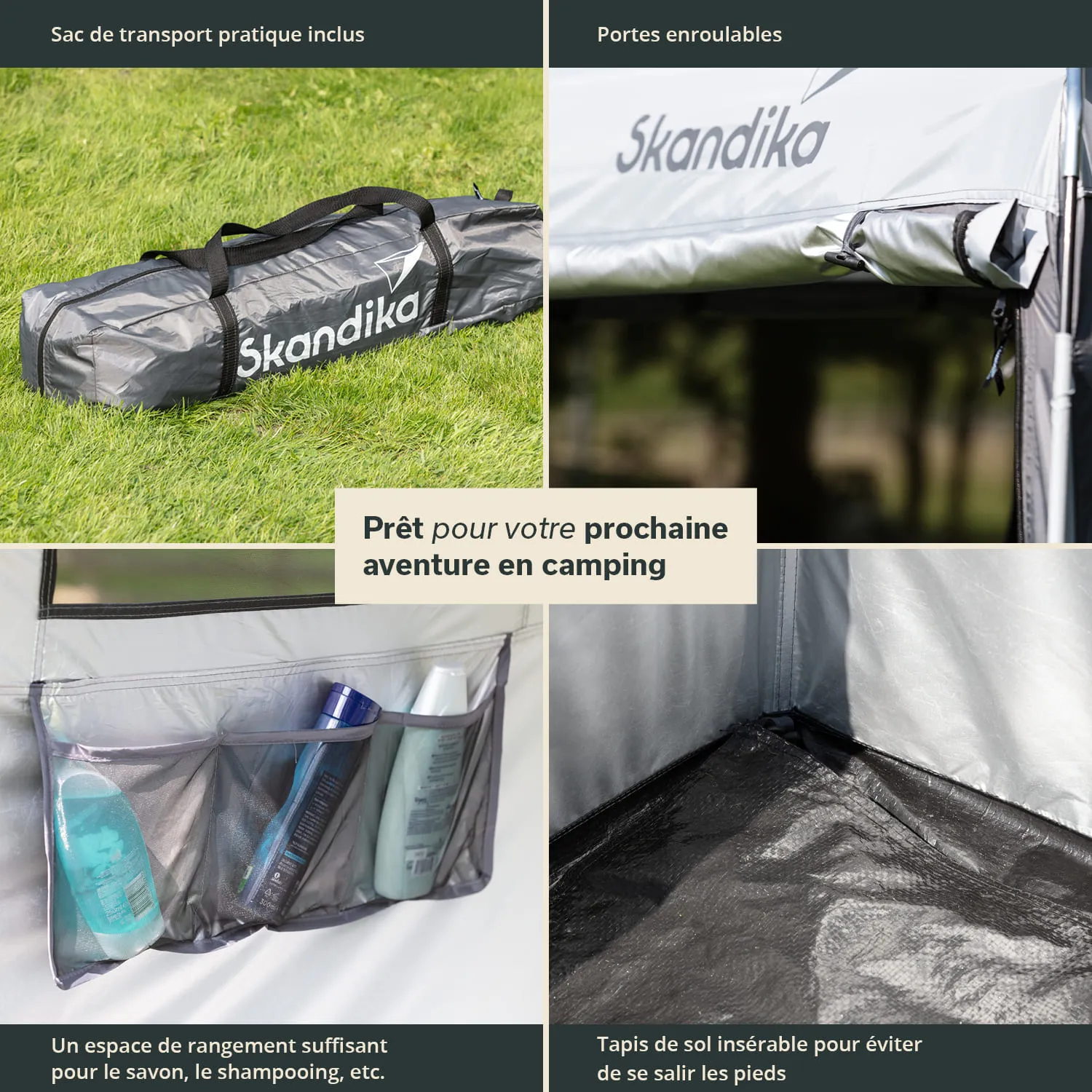 Transporttasche von Skandika auf grünem Rasen, neben einem Zelt mit aufgerollten Türen. Innentasche für Pflegeprodukte und isolierender Boden.