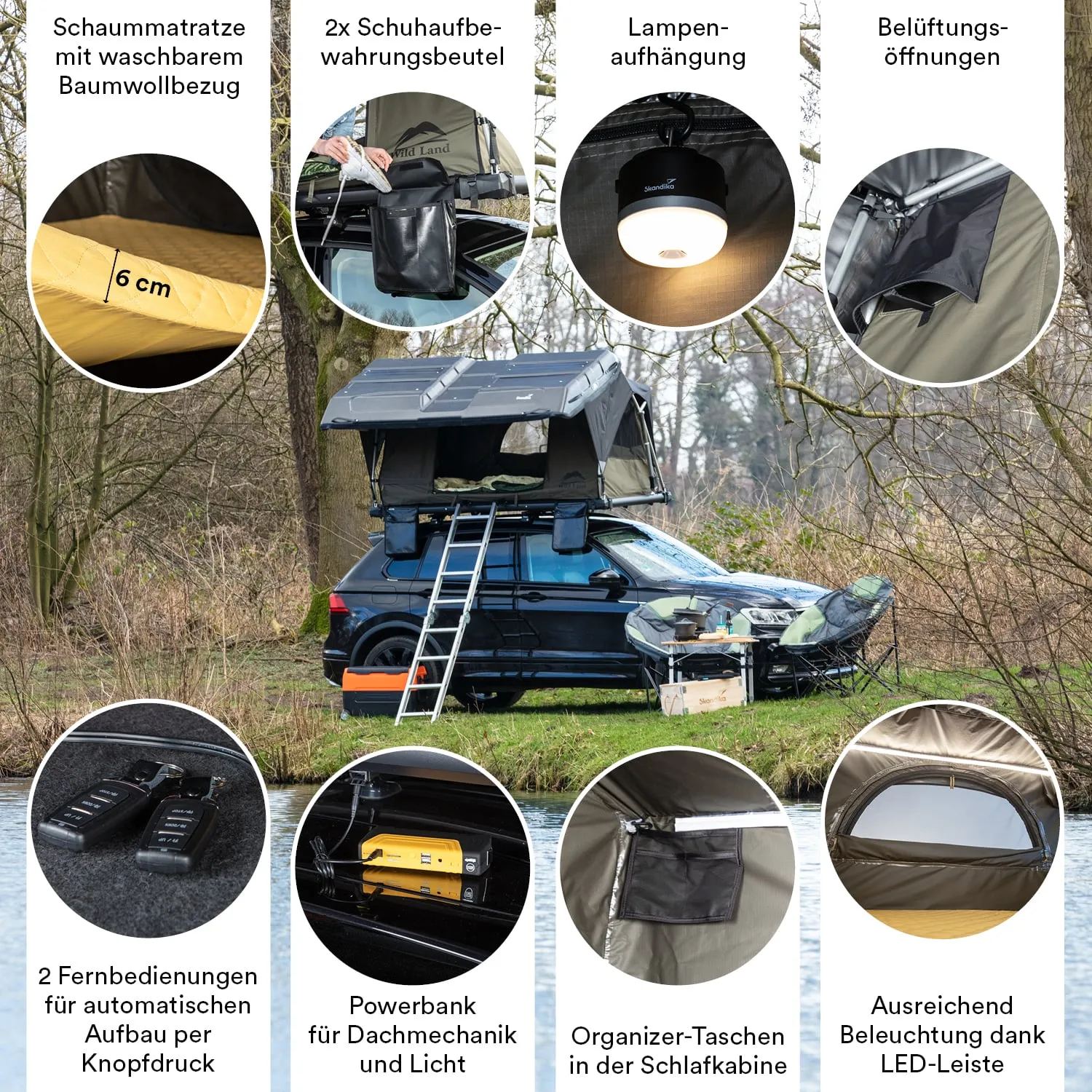 Dachzelt auf einem schwarzen Auto, umgeben von Bäumen. Enthält Details zu Matratze, Stauraum und Beleuchtung.