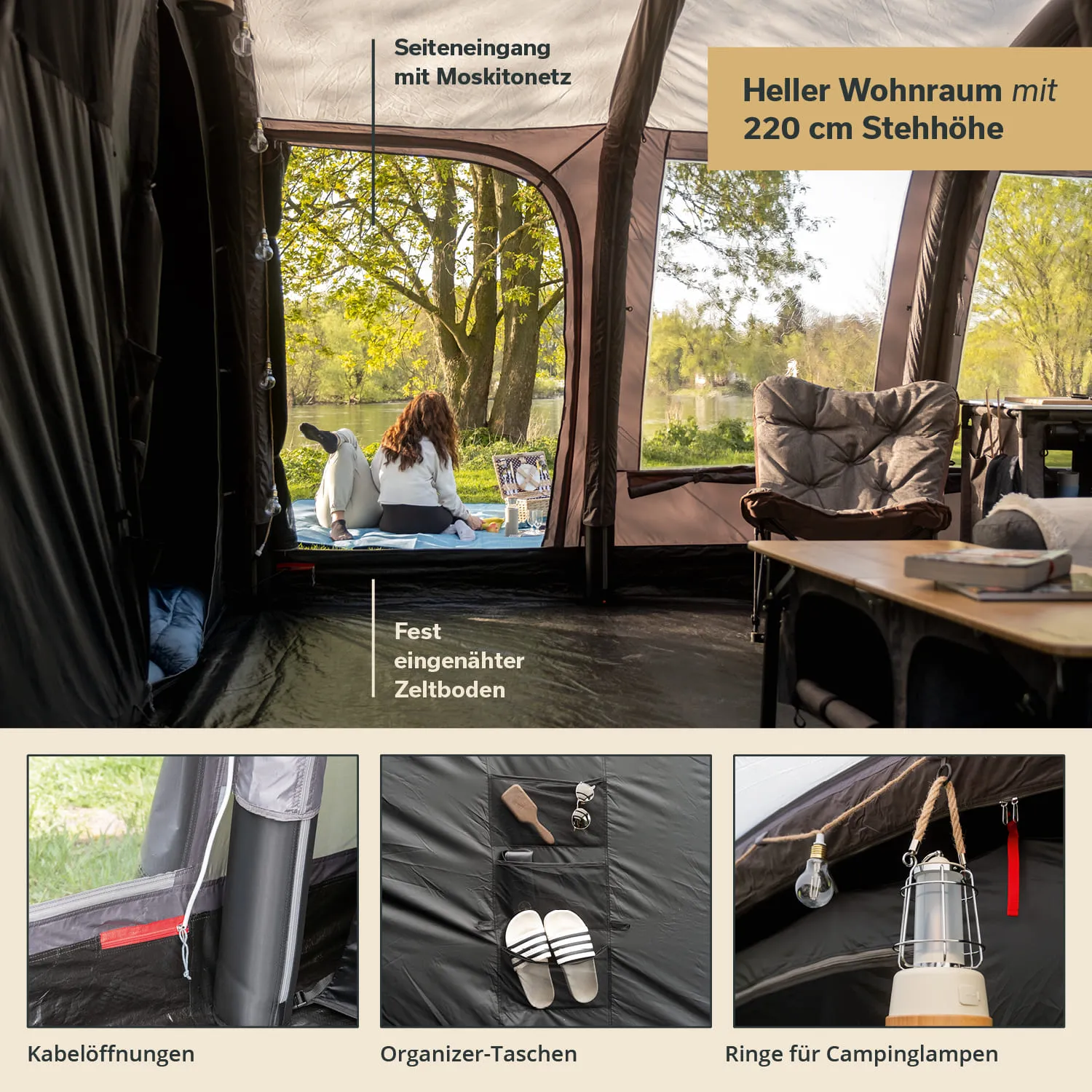 Zeltinnenraum mit Moskitonetz, großer Stehhöhe, zwei Personen auf einer Decke, Tisch mit Campingaccessoires, organisierte Taschen.