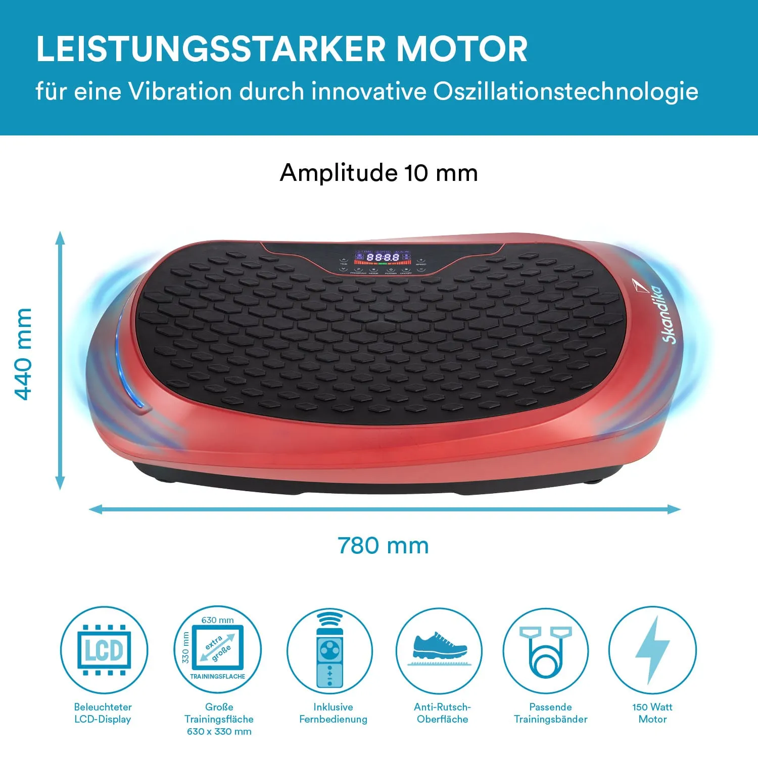 Vibrationsplatte in rot mit schwarzem Gummioberteil, LCD-Display und technischen Details zur Nutzung. Maße: 780 mm x 440 mm.